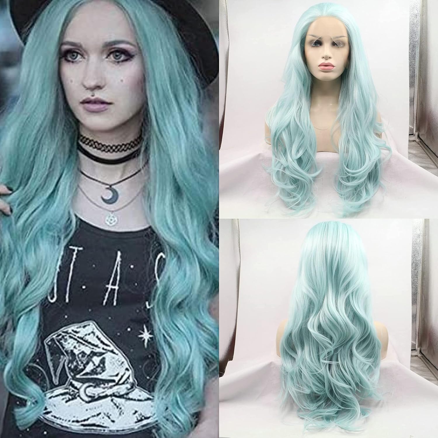 RainaHair Light Blue Lace Front Long Wavy Wigs for Women Pastel Color Ice Blue Synthetic with Baby Hair Premium Heat Resistant Fiber Wigs 24 Inch.