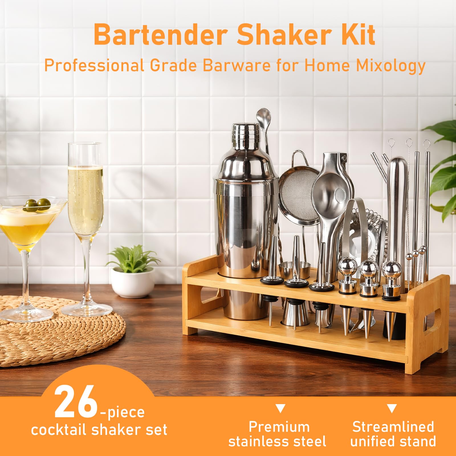 26-teiliges Cocktail Shaker Set, 700ML Boston Cocktail Shaker aus Edelstahl, Profi Barkeeper Kit kein Verklemmen mit Bambusständer & Rezeptbuch für Partys, Hausbar & Geburtstag(Silber)