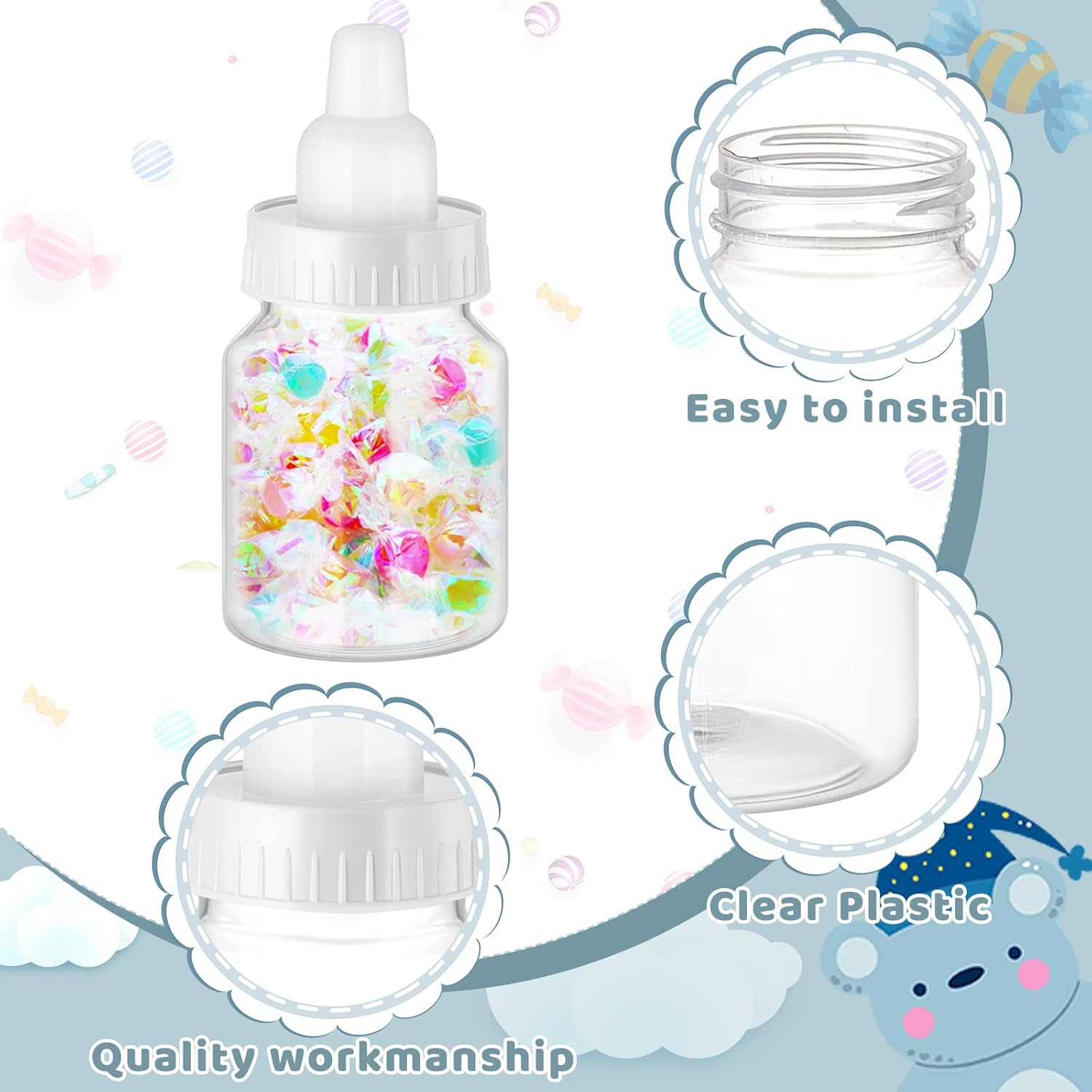 Tessco for you 72 Pcs 3.5 Inch Baby Bottles for Baby Shower Mini Plastic Bottle Party Favor Clear Candy Box for Guests Gift (White)