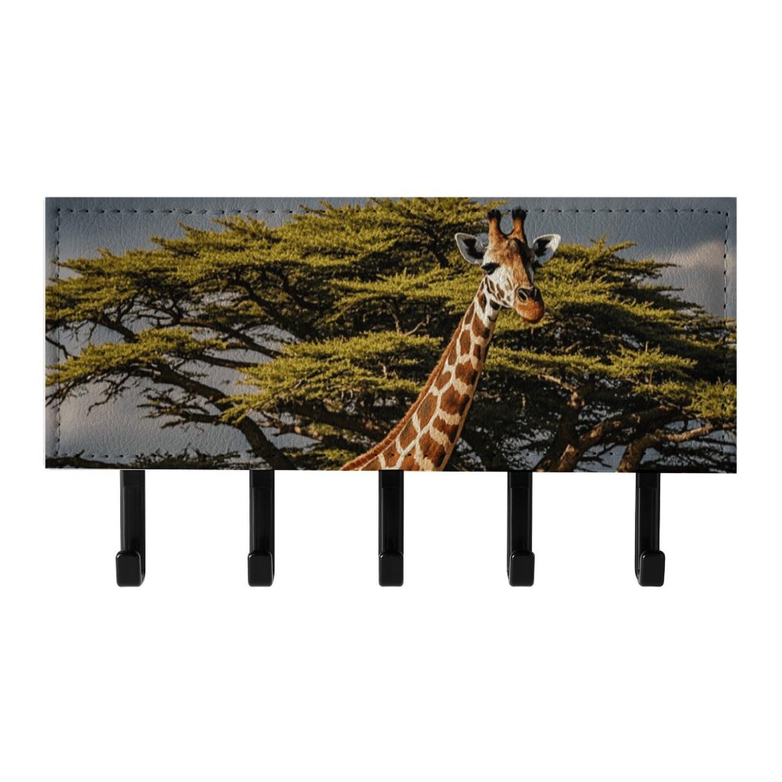 QMNLKH Africa Giraffe Majestic Tree Wall Mounted Key Rack for Home, No Drilling Key Holder with 5 Hooks, Self Adhesive Keys Chain Organizer for Hallway, Keys Hanger Shelf for Office, Doorway Black