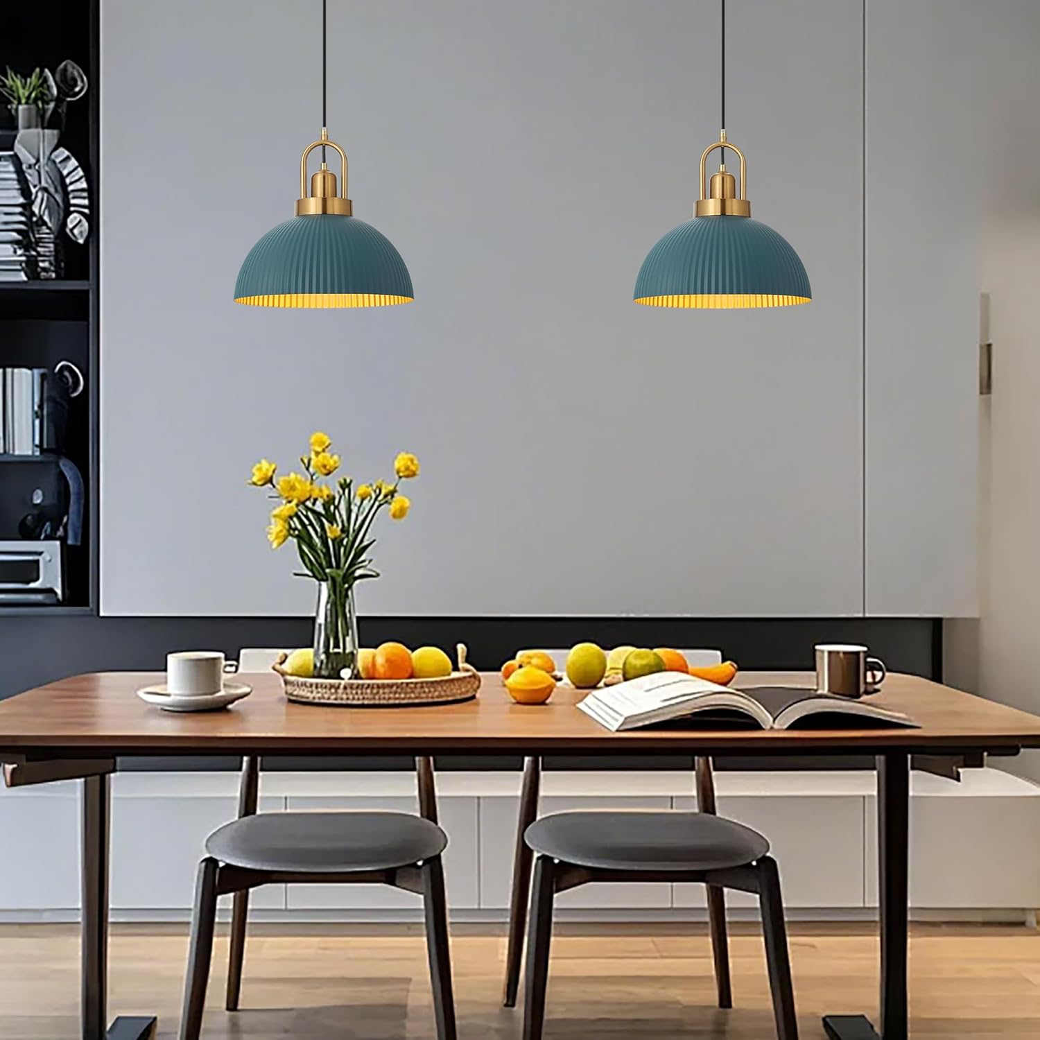 UrrSovv Pendant Lights Kitchen Island Bule and Gold Metal Farmhouse Pendant Light Fixtures 11.8" Industrial Modern Hanging Pendant Lights for Kitchen Island Bedroom Cafe bar Dining Room (Blue, 2pcs)