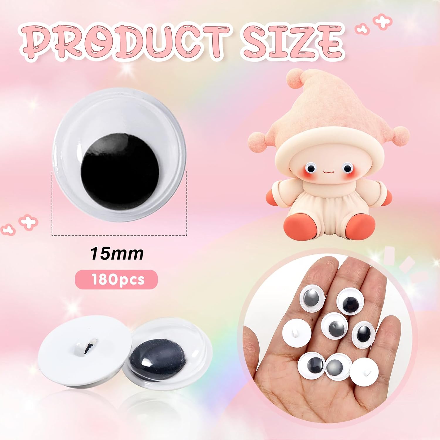 TOAOB 180pcs Sew On Googly Wiggle Eyes Buttons 15mm Black Plastic Eyes