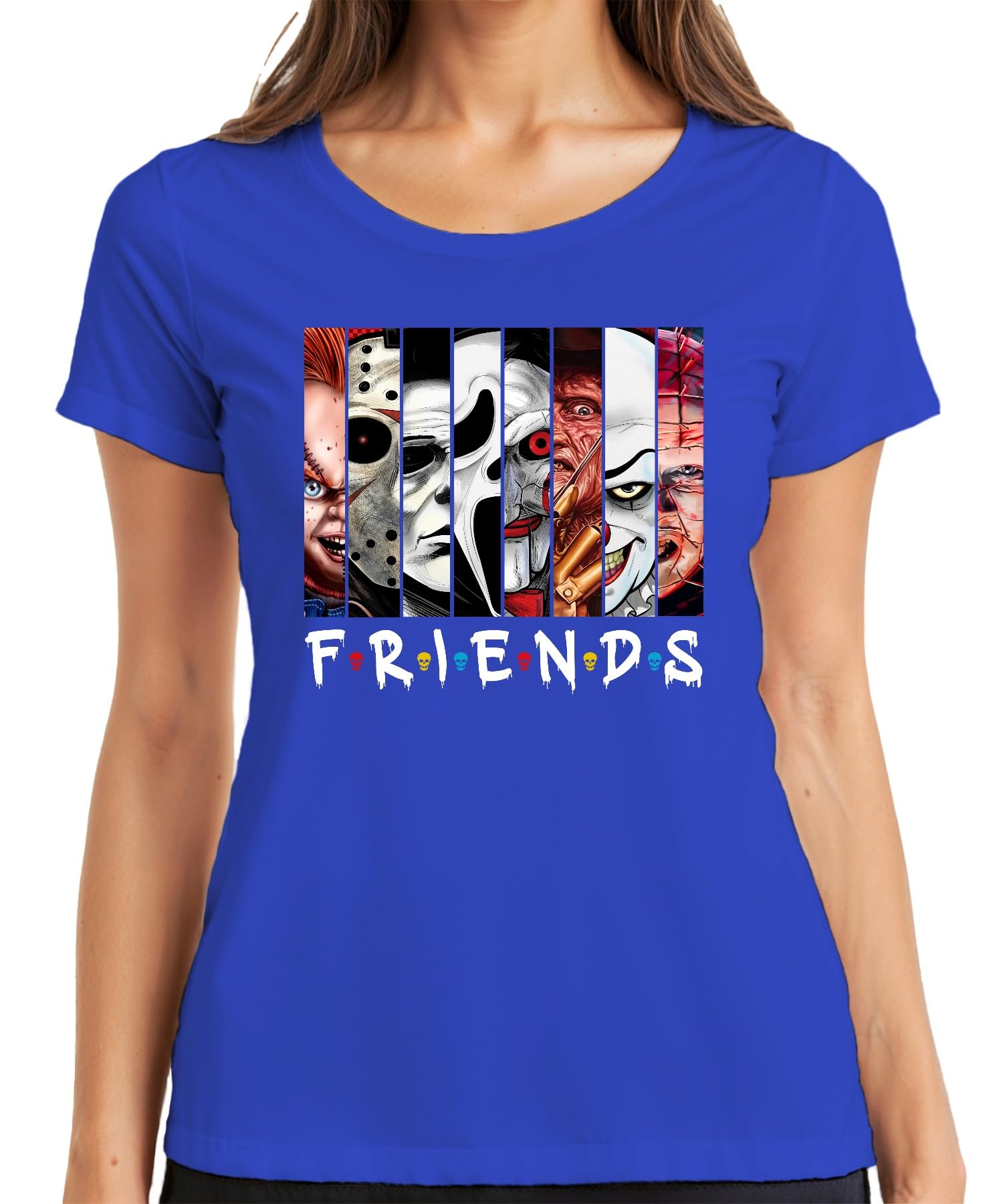Friends Horror Icons Jason Michael Pennywise Freddy Chucky Cult Women's T-Shirt, blue, M