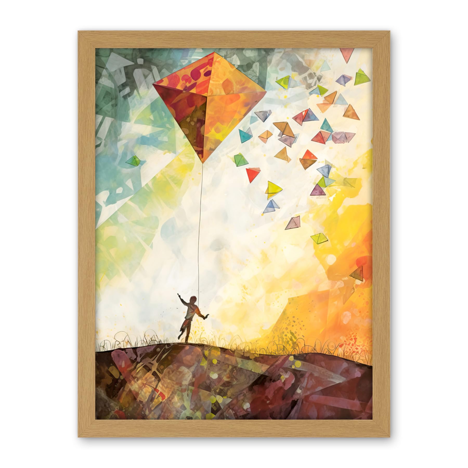 Artery8 Child Flying Big Kite in Rainbow Colour Sunset Sky Artwork Framed Wall Art Print 18X24 Inch