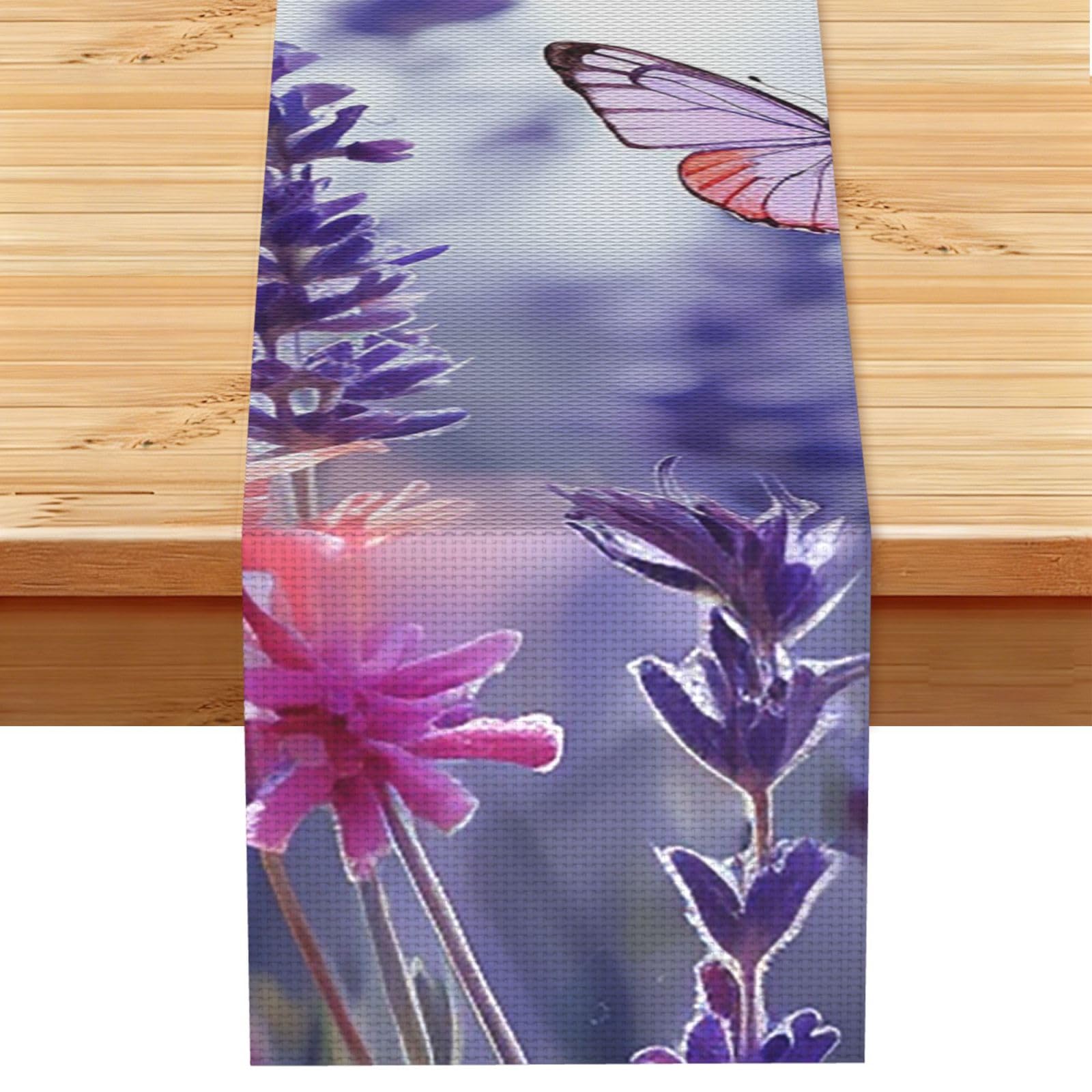 Lavender Flower Background with Butterflies Table Runner 13x72 Inch Cotton Linen Table Linen Washable Farmhouse Tablecloth Modern Abstract Art Kitchen Dinning Table Decoration for Home Party Decor