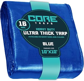 Core Tarps Extra Heavy Duty 16 Mil Tarp Cover, Waterproof, UV Resistant, Rip and Tear Proof, Poly Tarpaulin with Reinforced Edges for Roof, Camping, Patio, Pool , Boat (Blue 10′ X 10′)