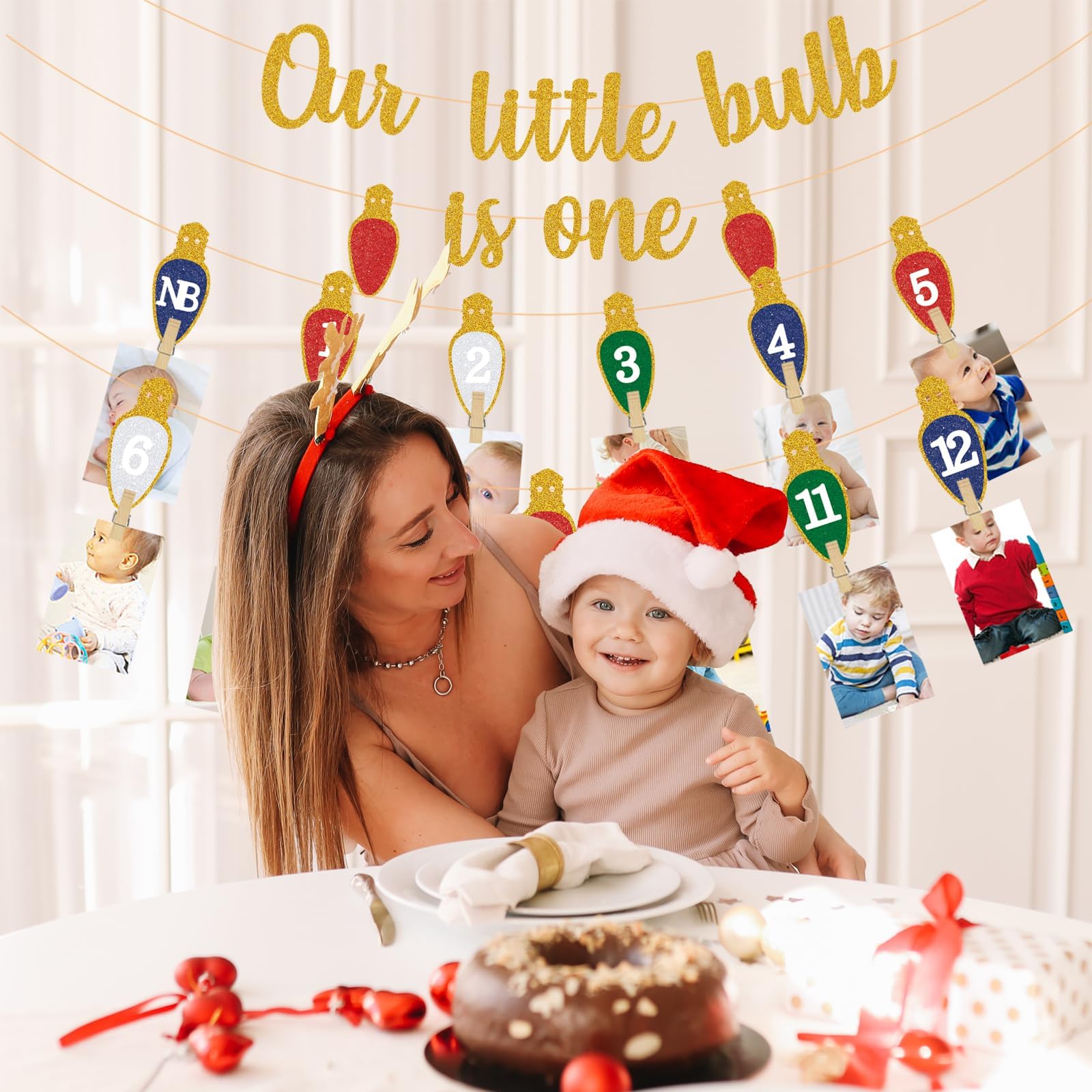 Weihnachts-Leuchtmittel zum 1. Geburtstag, Foto-Banner – Meilenstein-Foto-Girlande für Neugeborene bis 12 Monate – Partyzubehör für Jungen oder Mädchen