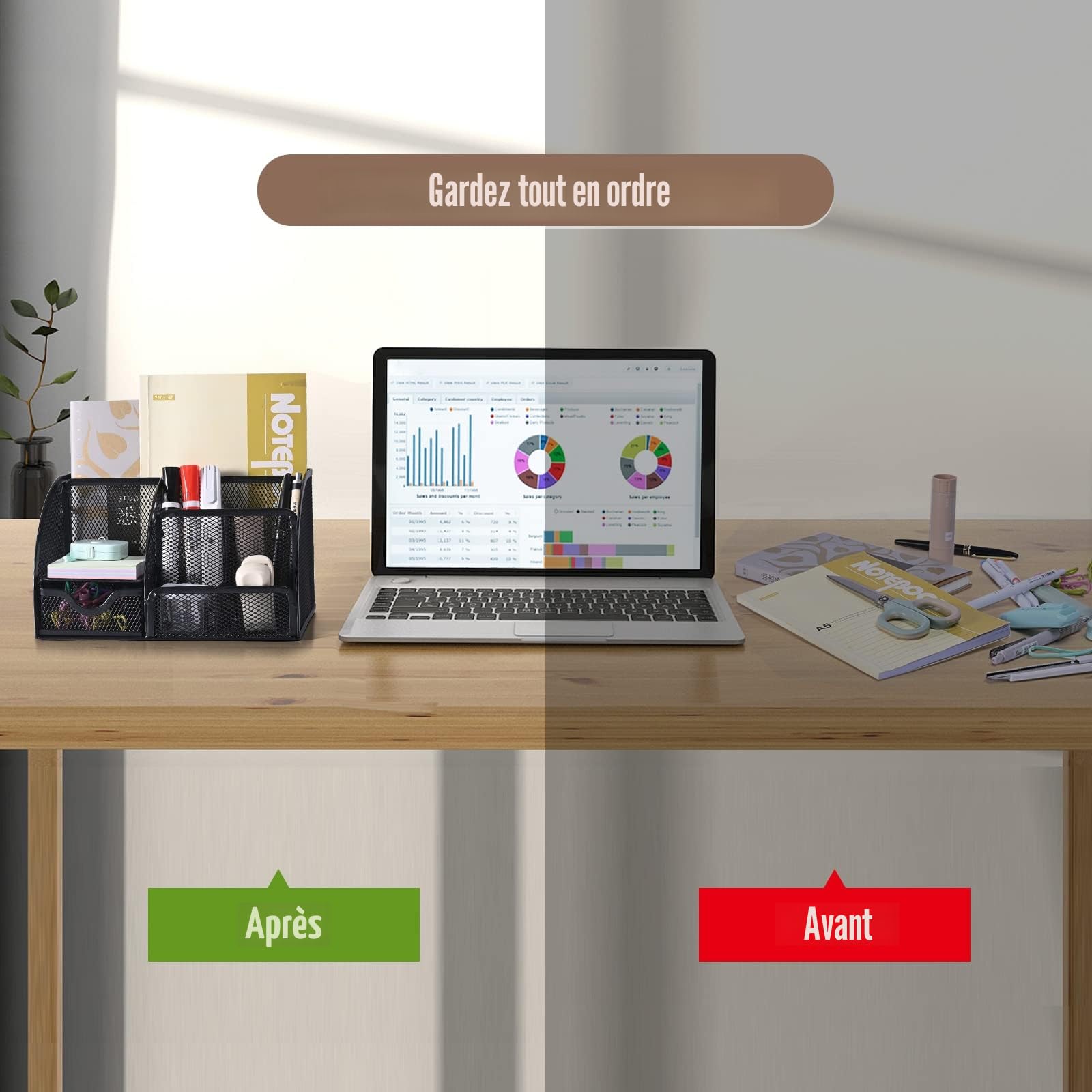MumdoYAL Organisateur de bureau en maille métallique avec tiroir et porte-stylos pour stylos, notes adhésives, agrafeuses, trombones, compact et élégant pour un gain de place.