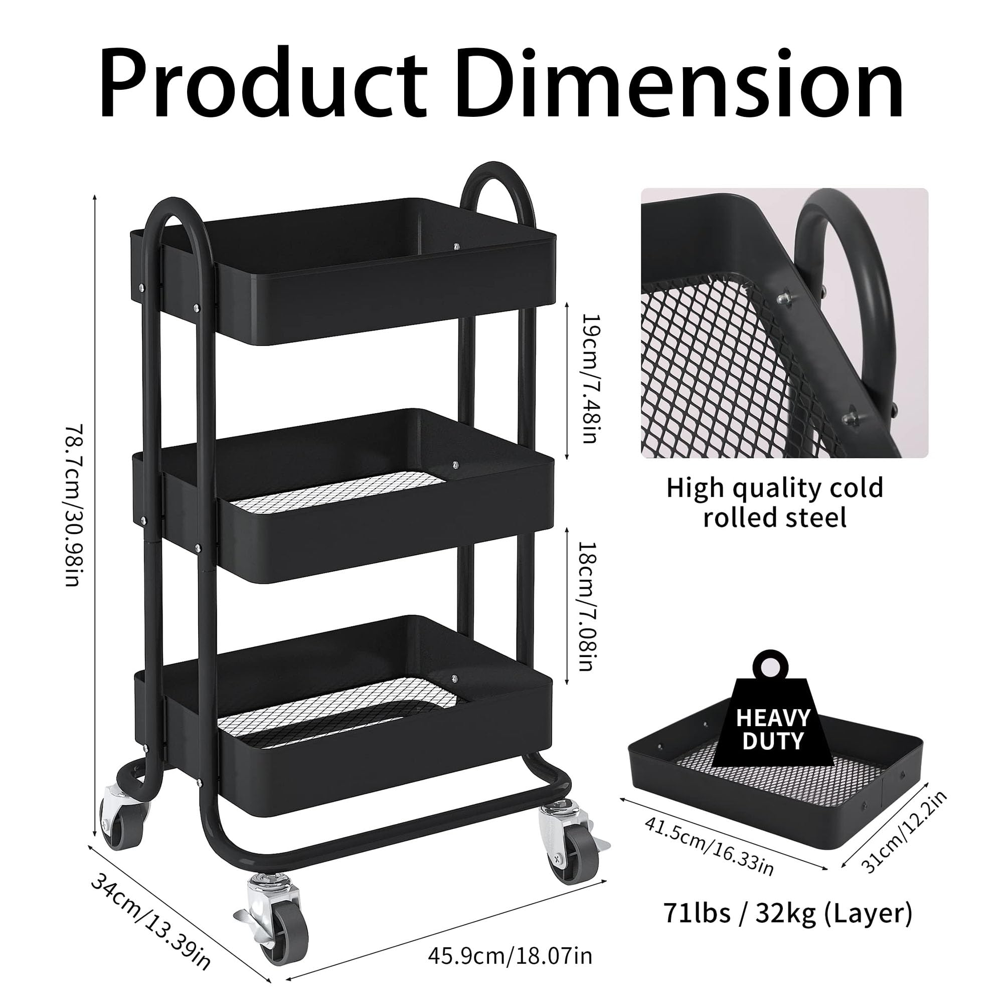 Chariot Rangement 3 Niveaux Roulant – Étagère Mobile Avec Roulettes – Blanc/Noir – 69x33x22 Cm – 25kg Par étage - 10