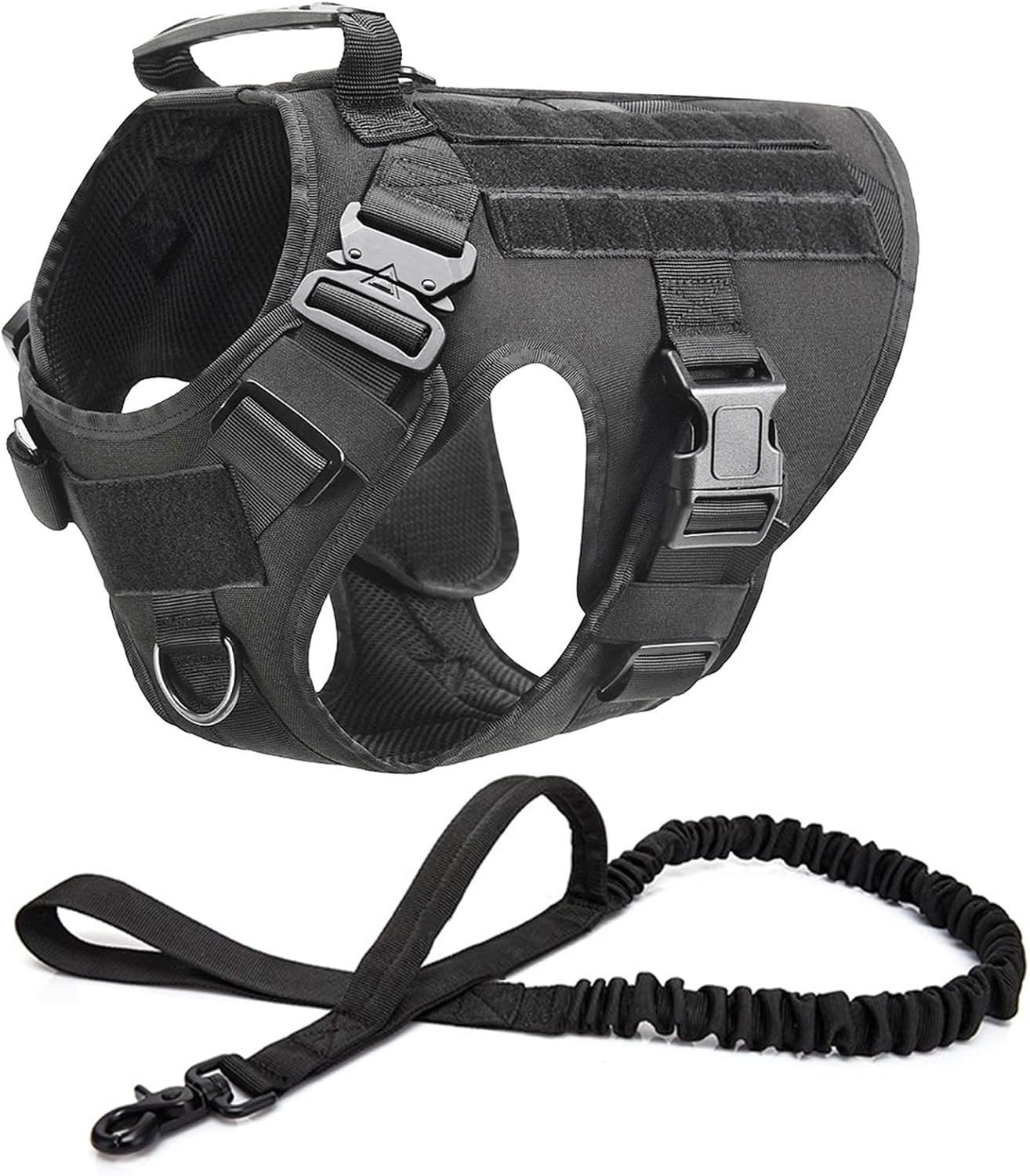 Arnés táctico para Perros con Correa elástica antirretroceso, sin tirones con asa y Clip Frontal, Chaleco Militar de Entrenamiento con Hebillas metálicas, MOLLE, Black, XL