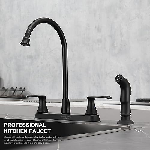 Miniatura 2 de Grifo de cocina negro mate con rociador lateral extraíble, grifo de fregadero de cocina de arco alto negro de 2 manijas con líneas de suministro
