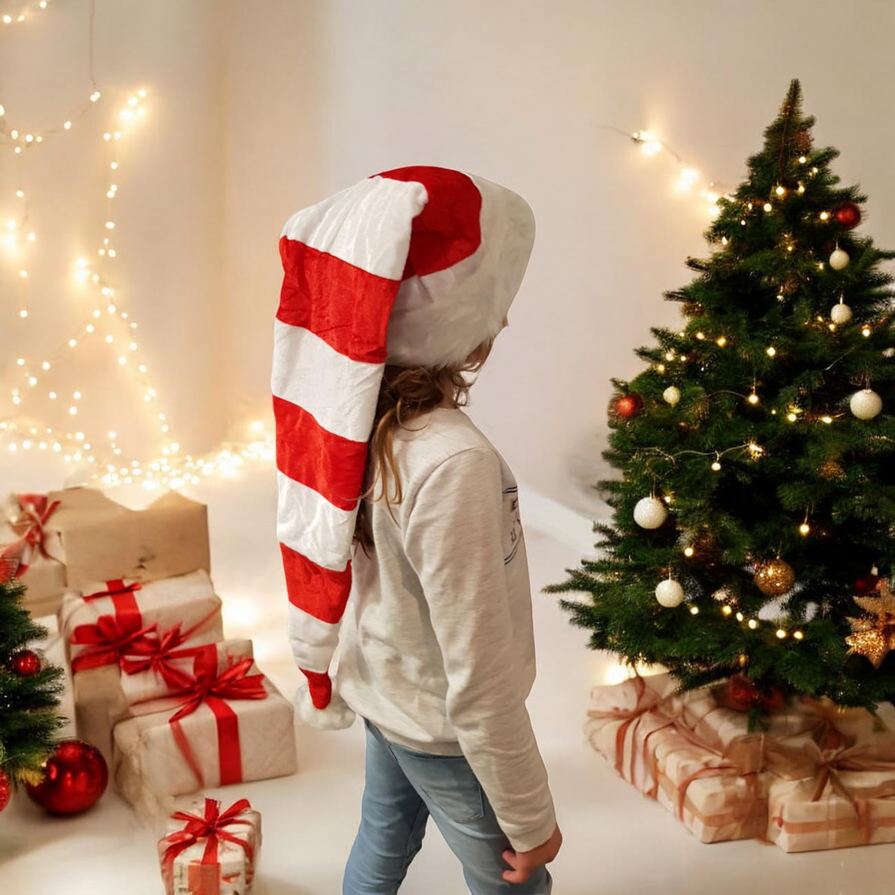 Ciffre 5 er Set Lange Weihnachtsmütze Nikolausmütze Weiß Rot Gestreift Plüsch Rand Nikolaus Mütze X24