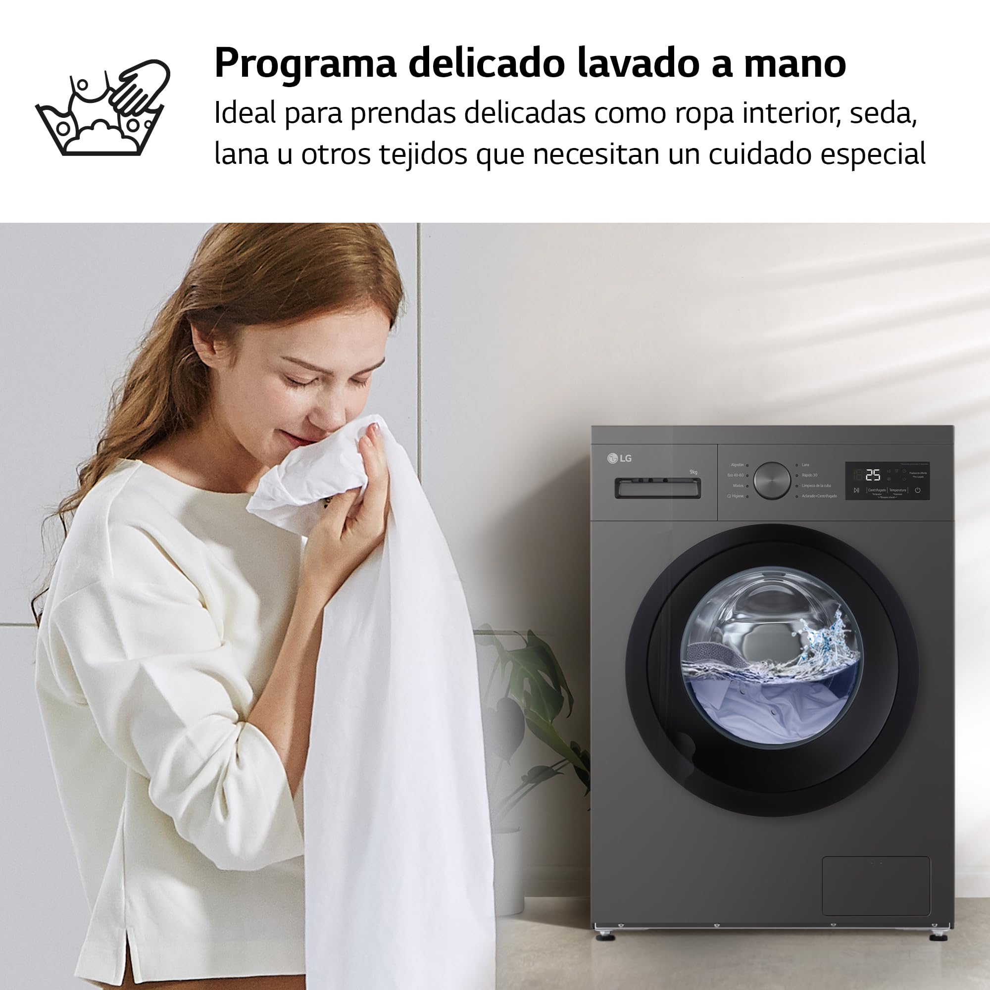 LG F4A1009NDK - Lavadora, 9 kg, 1400 rpm, Carga Frontal, 8 Programas, Programa Rápido y Programa Lavado a Mano, Fondo Especial Reducido, Display LED, Serie 100, Color Grafito