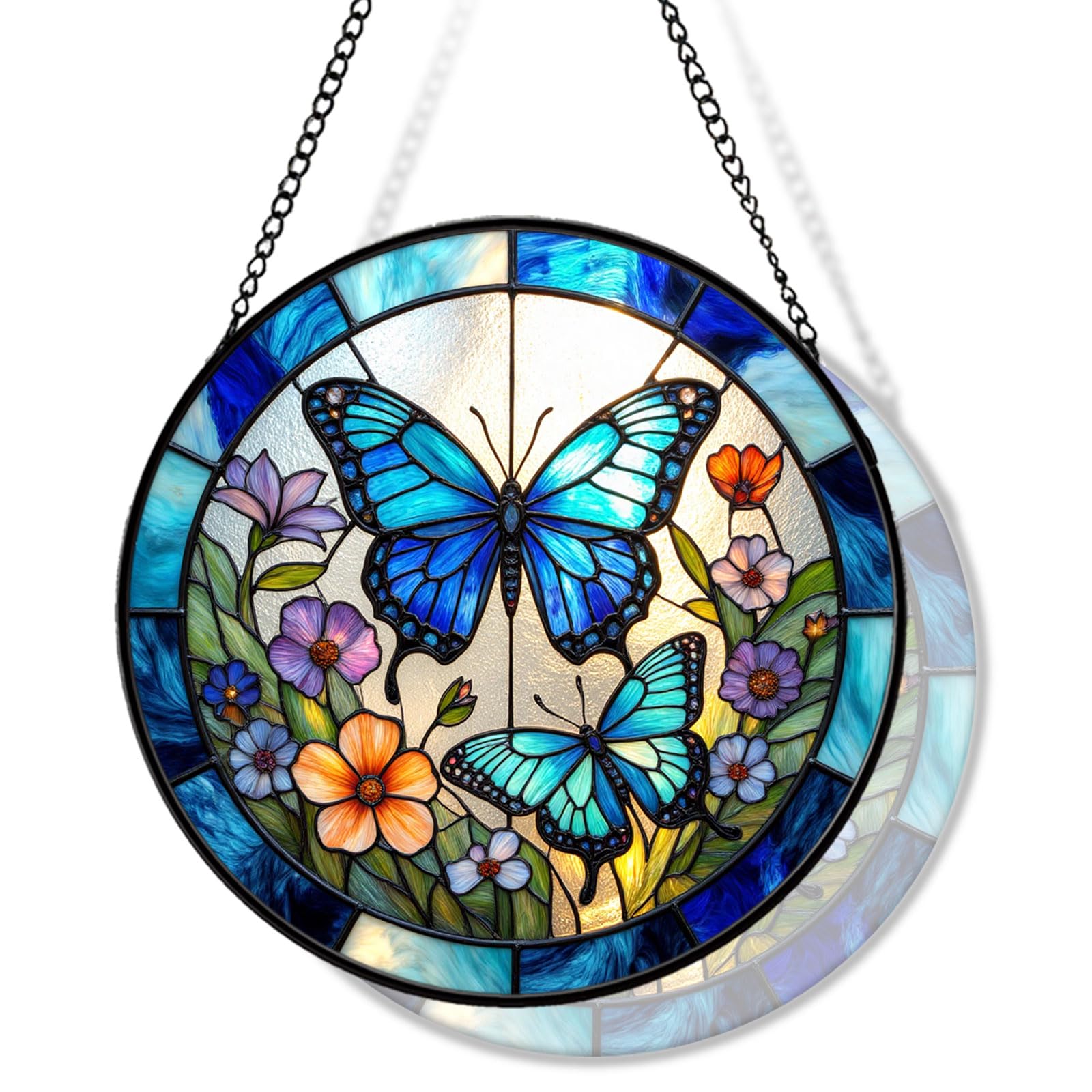 Attrape-soleil en verre teinté à suspendre pour fenêtre, monarque bleu avec fleurs colorées, décoration naturelle, cadeau pour femme, maman, jardiniers 032604 (20,1 cm)