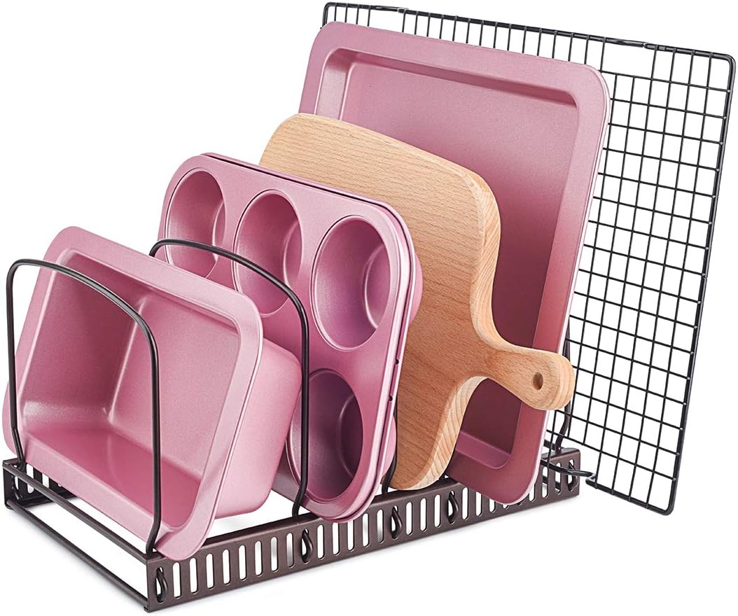 Toplife 10+ Bakeware Organizer Rack for Kitchen Bakeware, Cookware, Dinnerware, Cutting Boards, Plates, Pot and Pan Lids (Brown)