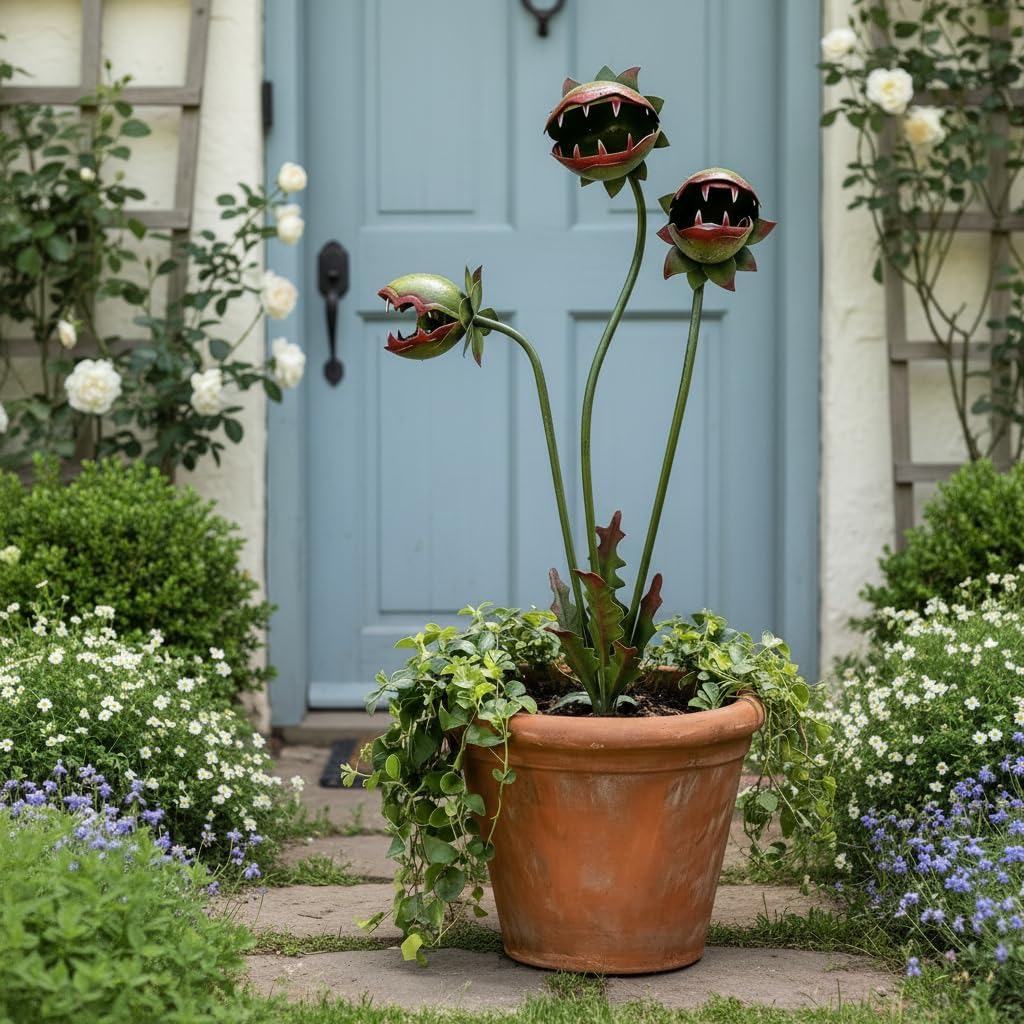 25-Inch Large Metal Venus Flytrap Garden Stake - Whimsical Carnivorous Plant Monster Sculpture, Durable Rust-Resistant Yard Art for Flower Beds, Patios, Outdoor Planters & Quirky Garden Decor