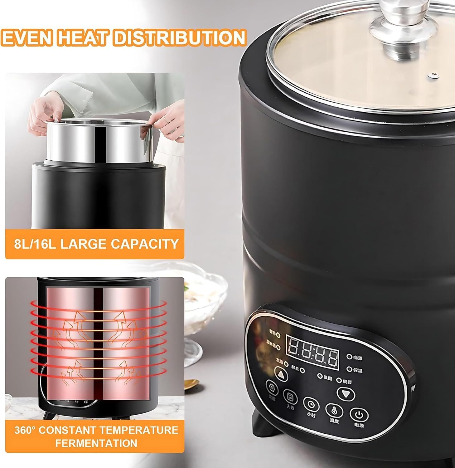 Maszyna do jogurtu 8L/12L, stal nierdzewna z wyświetlaczem LED i timerem, sitko do jogurtu greckiego i naturalnego, ser, natto, słodkie ryżowe wino black 12L
