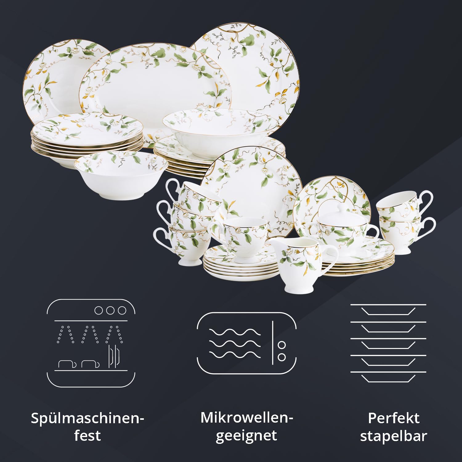 Peill+Putzler Germany, Kombiservice für 6 Personen aus hochwertigem Bon China Porzellan, 35-teiliges Geschirrset in weiß florales Muster aus Blüten & Blättern, Tafelservice & Kaffeeservice, Teller