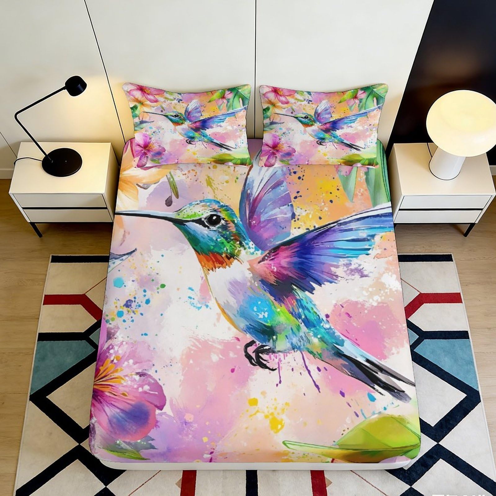 3D Printed Hummingbird Art Fitted Sheet Microfiber Colourful Floral Mattress Cover for Bedroom Guest Room Decor 120x200cm 140x200x25cm