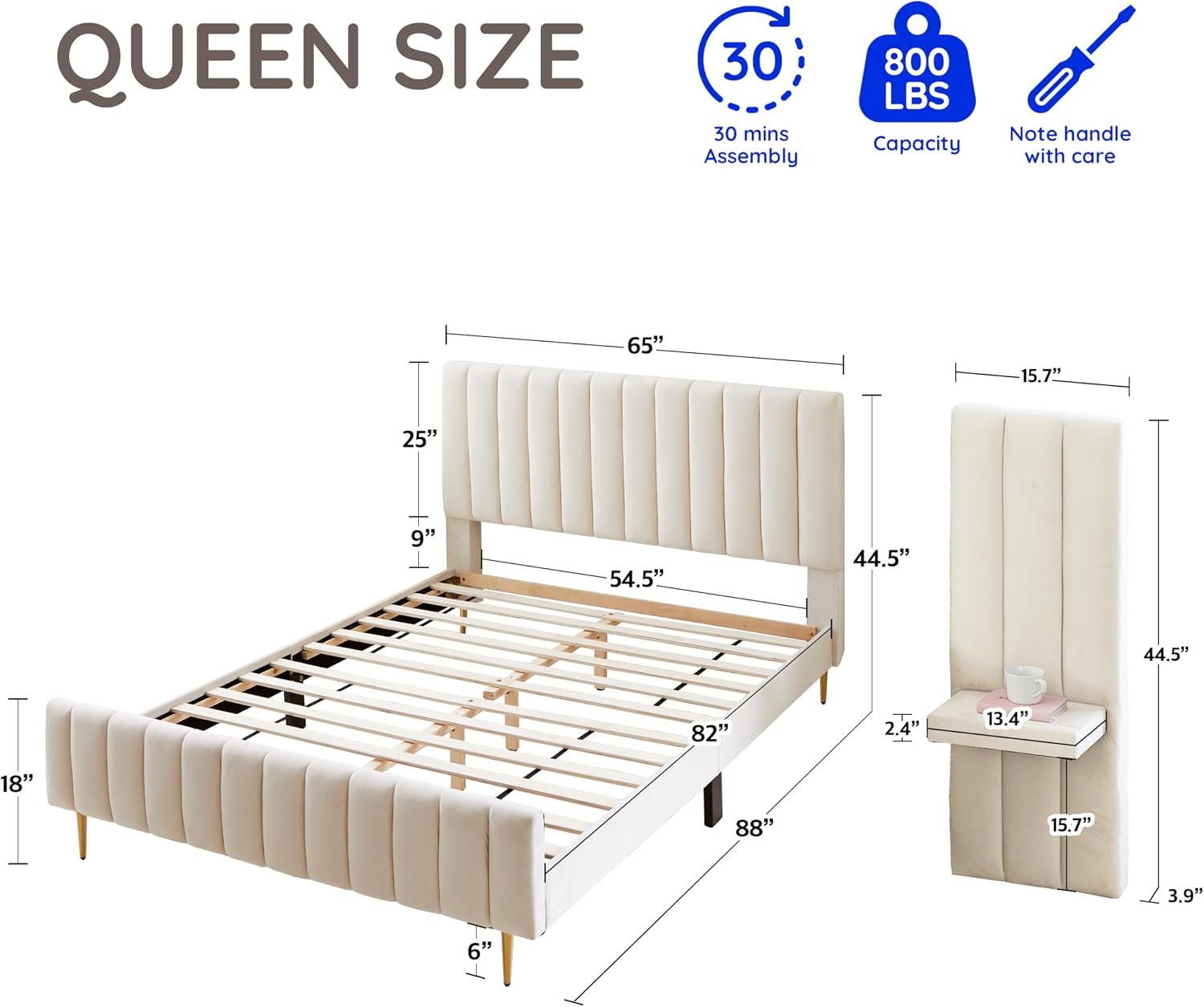 Livinia Queen Size Elton Velvet Platform Bed Set, Upholstered Bed Frame with Vertical Channel Tufted Headboard Footboard with Side Panel Nightstand, No Box Spring Needed, Ivory (Queen)