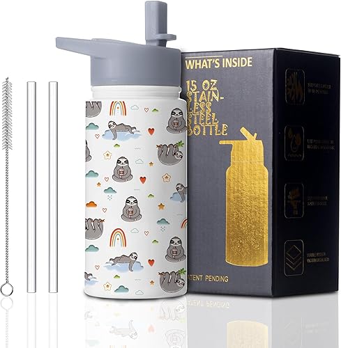 Boelia Botella de agua de perezoso de 15 onzas para niños para la escuela, tazas aisladas con pajilla, regalos de cumpleaños para niños, botellas de