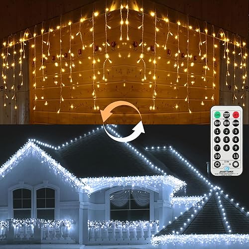 Toodour Luces de Navidad de carámbanos, 2 en 1, blanco cálido y blanco frío, luces de carámbano que cambian de color con control remoto, 432 luces