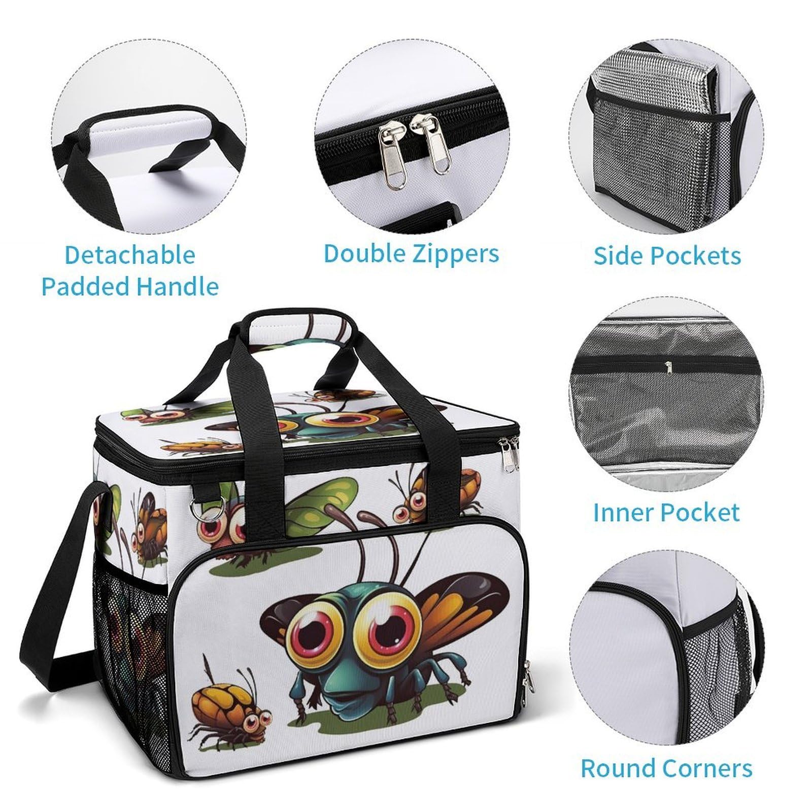Borsa per il ghiaccio da campeggio con stampa di insetti in tessuto Oxford di grande capacità, borsa termica portatile esterna e borsa di raffreddamento, adatta per campeggio all'aperto e picnic