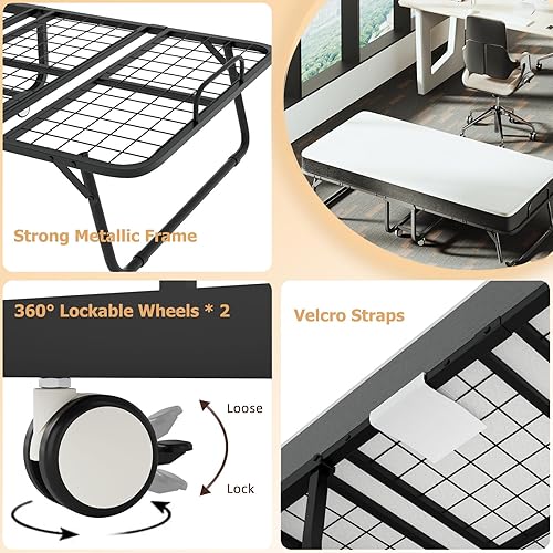 Miniatura 9 de VERMESS Cama plegable con colchón de espuma viscoelástica de 5 pulgadas, cama plegable de 75 x 32 pulgadas con marco de metal resistente en ruedas,