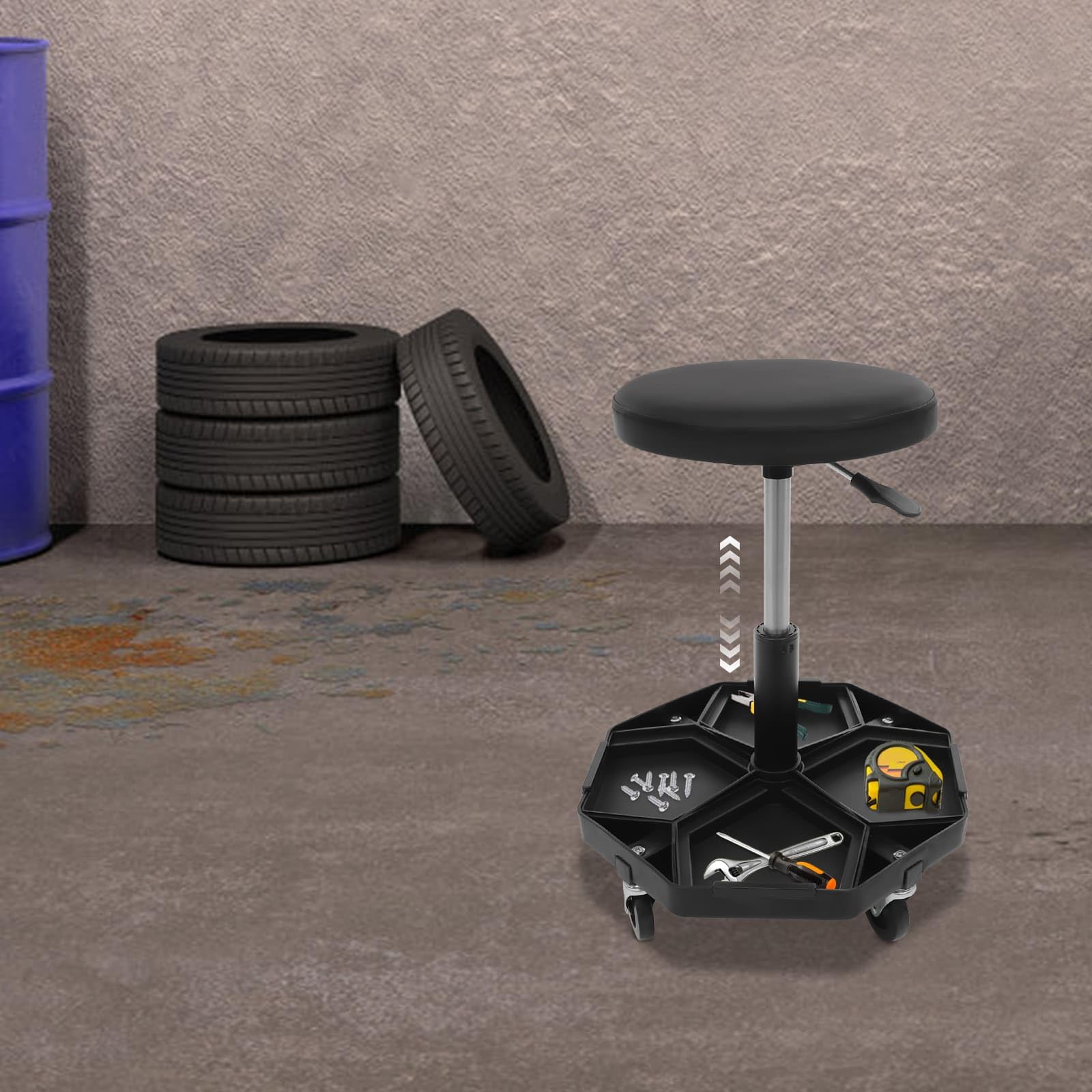 Sgabello da officina con ruote, altezza regolabile da 45 a 61 cm, con vassoio per attrezzi, per meccanici, garage, fai da te (nero)