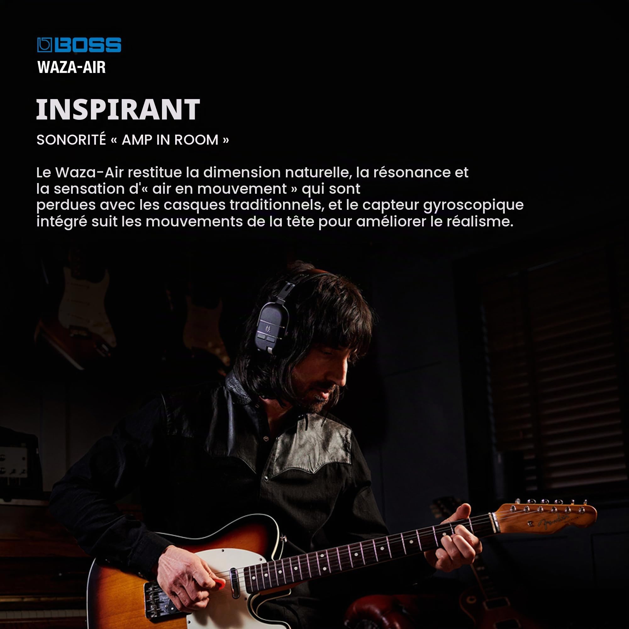 BOSS Système de Casque sans Fil pour Guitare WAZA-AIR, La Technologie de spatialisation évoluée BOSS et Le Gyroscope intégré procurent Un Son de pièce Naturel avec Ambiance 3D