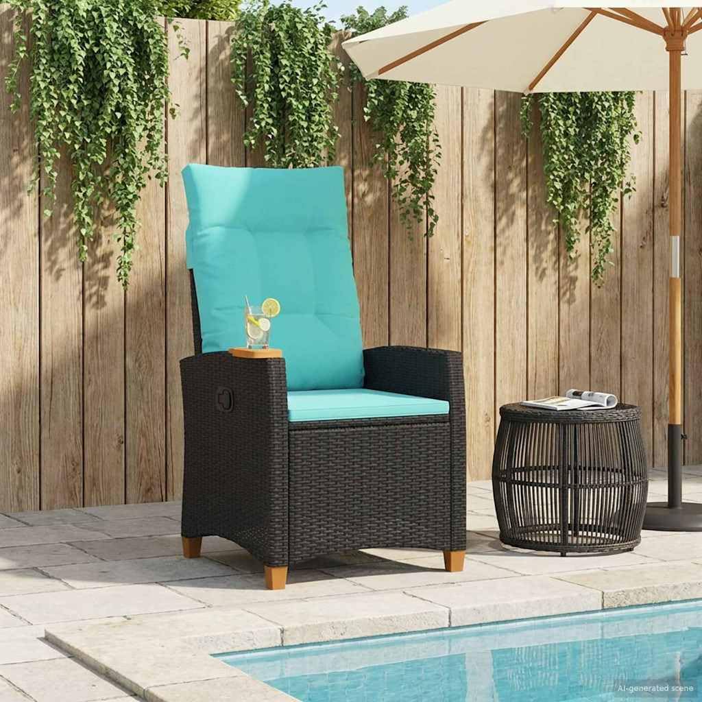 Leżak z talerzem do herbaty, polirattan, odporny na warunki atmosferyczne, krzesło ogrodowe, 62 x 64 x 112 cm, regulowany, na taras, balkon, do użytku na zewnątrz, ze stalową ramą i