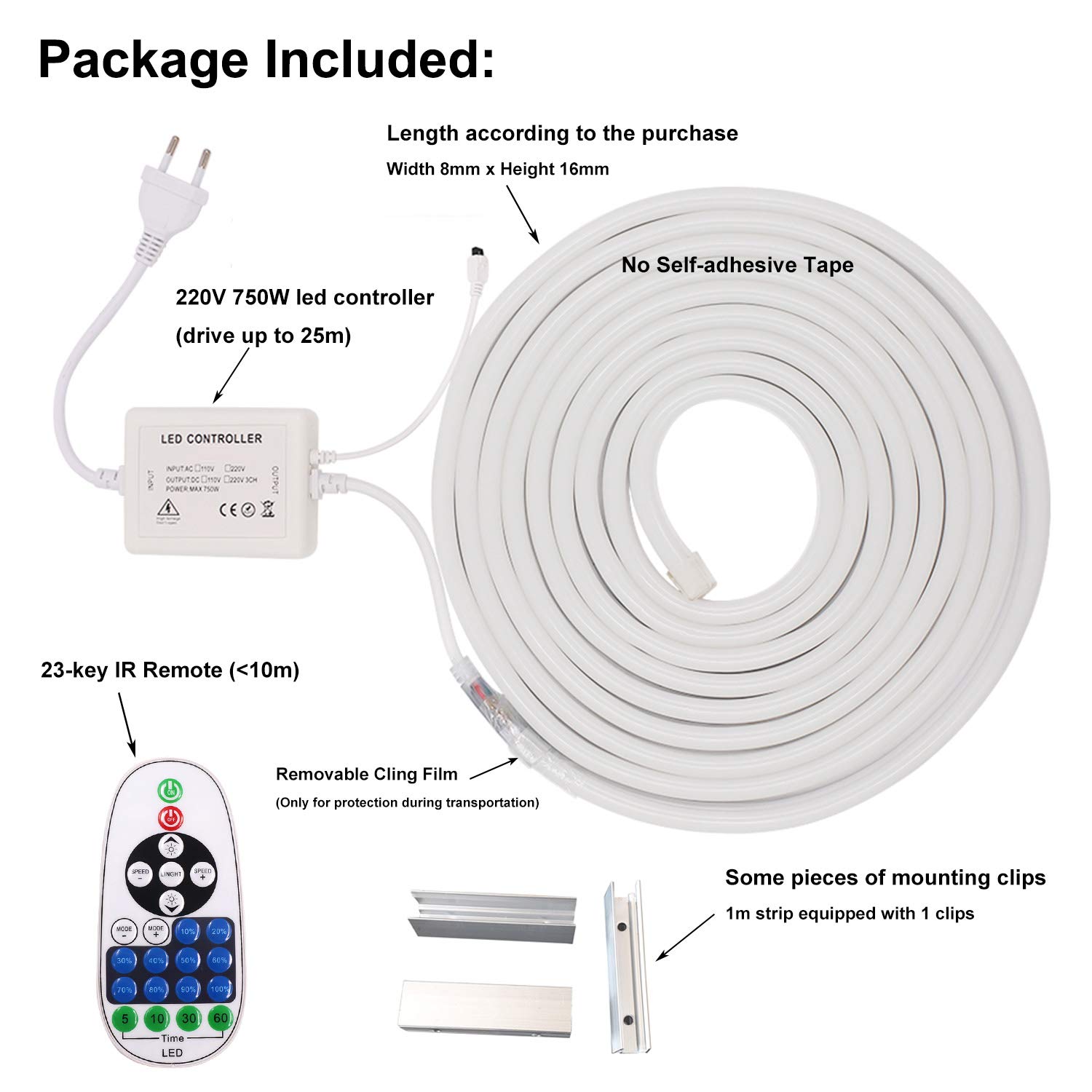 XUNATA 18m Tira de Luz de Neón LED Regulable con Control Remoto IR de 23 teclas y Fuente de Alimentación de Transformador, Brillo Ajustable, Blanco cálido