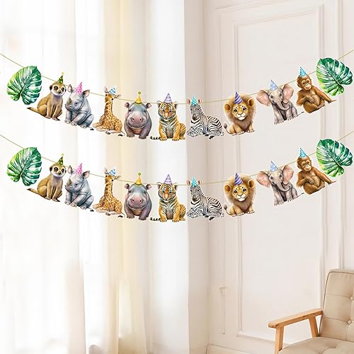 Miniatura 7 de Pancarta de animales de safari, 2 unidades, banderines recortados para fiesta de selva, carteles colgantes con temática de safari, decoraciones de