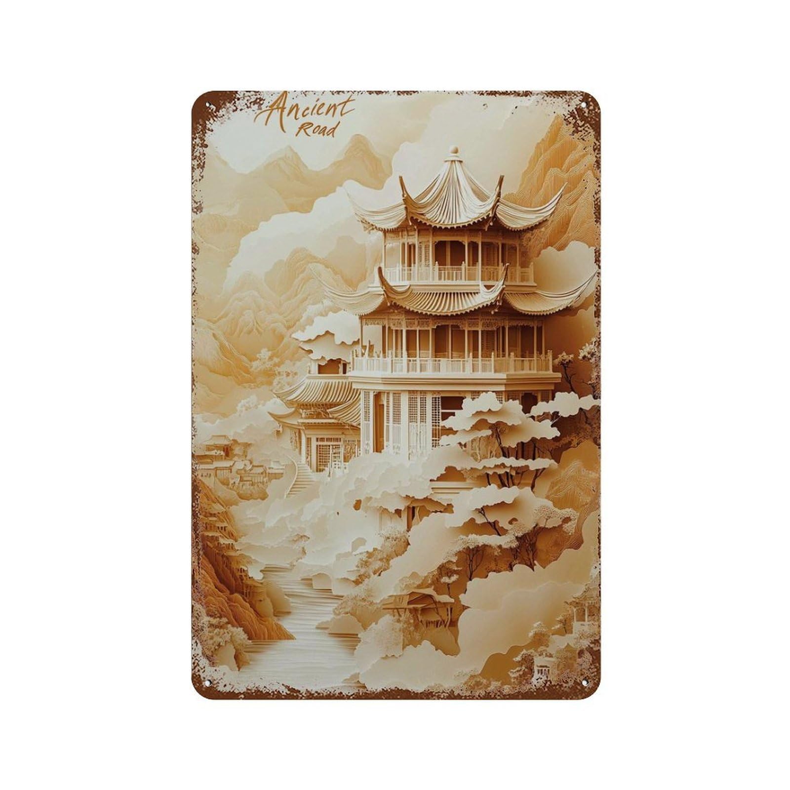 xiaoxiaoshen Ancient Road Temple Golden Asian Mountain Palace Oriental Landscape Wall Decor Art Metal Tin Poster Modern Home Decor Art Home Bar Shop Decorations Vintage Sign 30x20cm