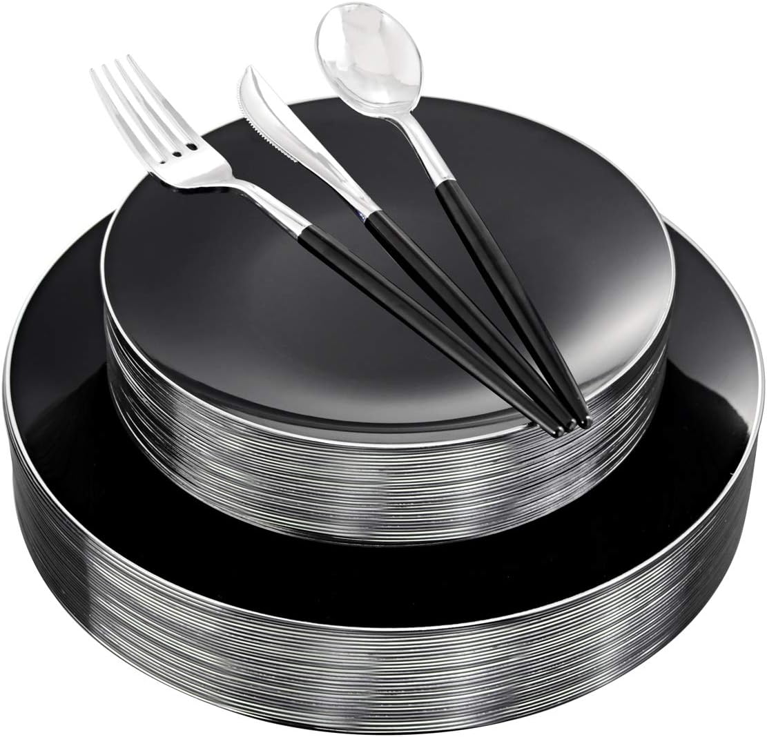 DaYammi30 Guests Black Silver Plastic Plates, Black and Silver Dinnerware Include 30 Dinner Plates, 30 Dessert Plates, 30 Knives, 30 Forks, 30 Spoons, Black Disposable Plates for Party and Wedding