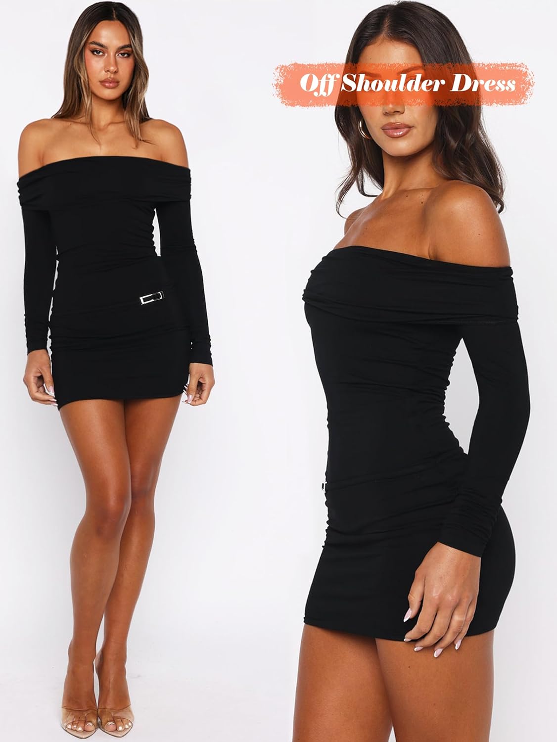 OZICERD Off The Shoulder Mini Dresses for Women Long Sleeve Bodycon Going Out Dress Cocktail Party Club Rave Short Black - Image 6