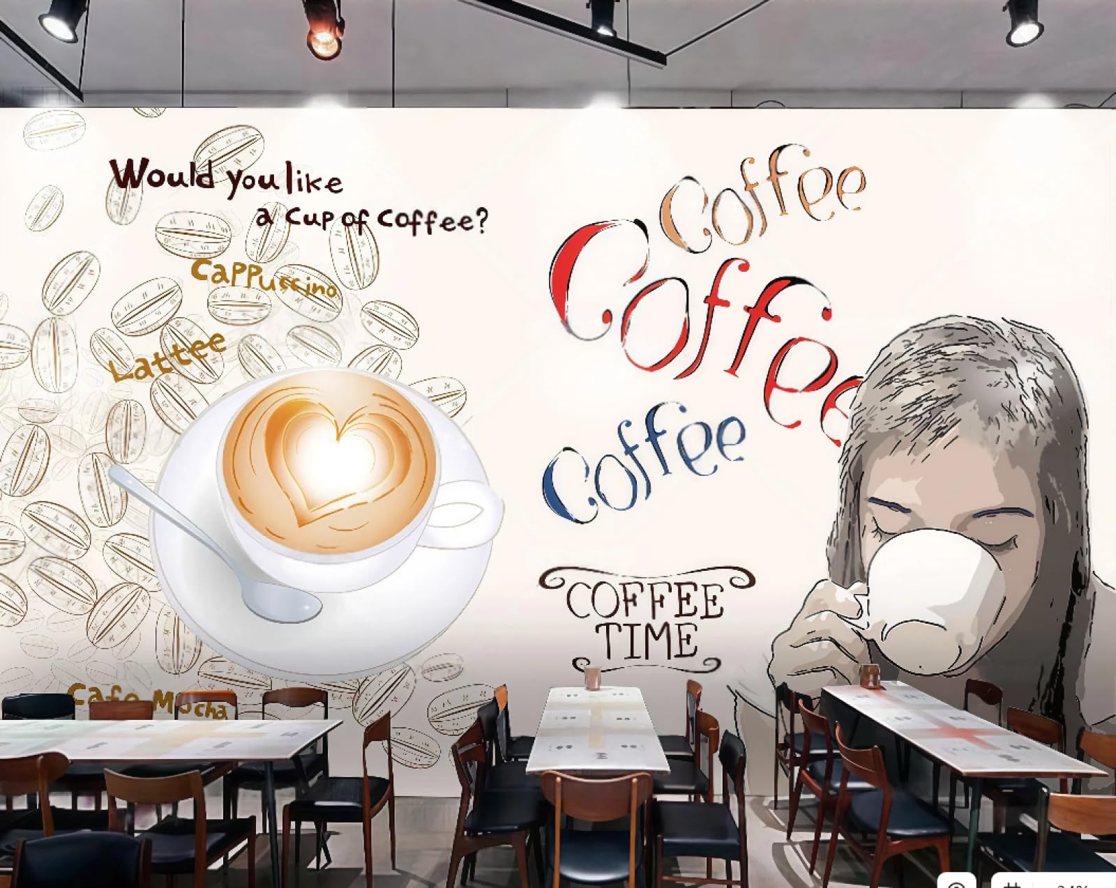 XDOUBAO Wallpaper Fashion Hand-Painted English Letters Cartoon Coffee Series Beverage Shop Afternoon Tea Western Restaurant Background Wall Wallpaper Coffee Shop Mural,3D,250x175cm