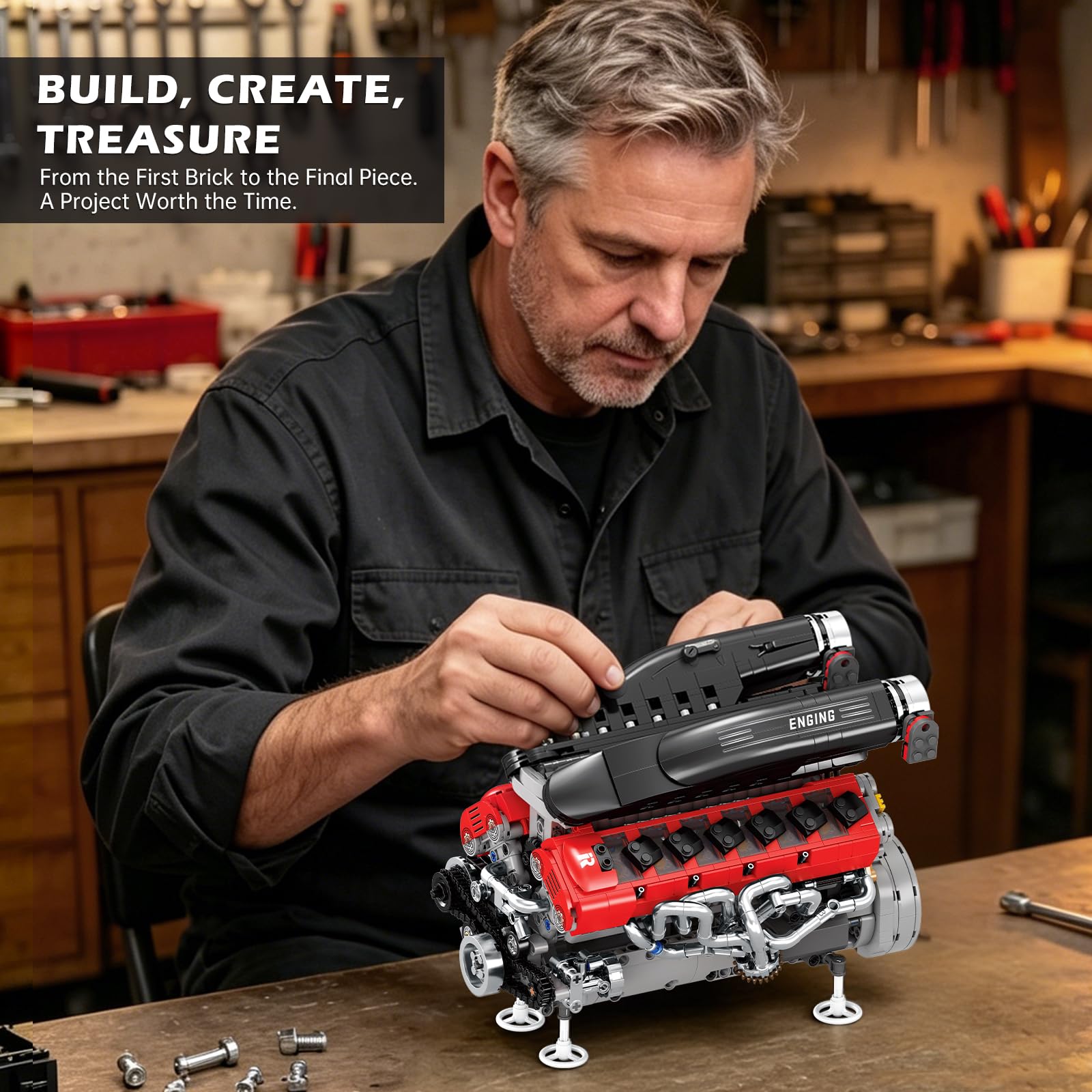 Reobrix Kit de Construction de Moteur V12, Modle de Moteur de Supercar | Modelo de Motor en V A 65°, Set de Construccin Mecnica 33016, Artculo de Coleccin Premium para Adultos, 1240 Piezas