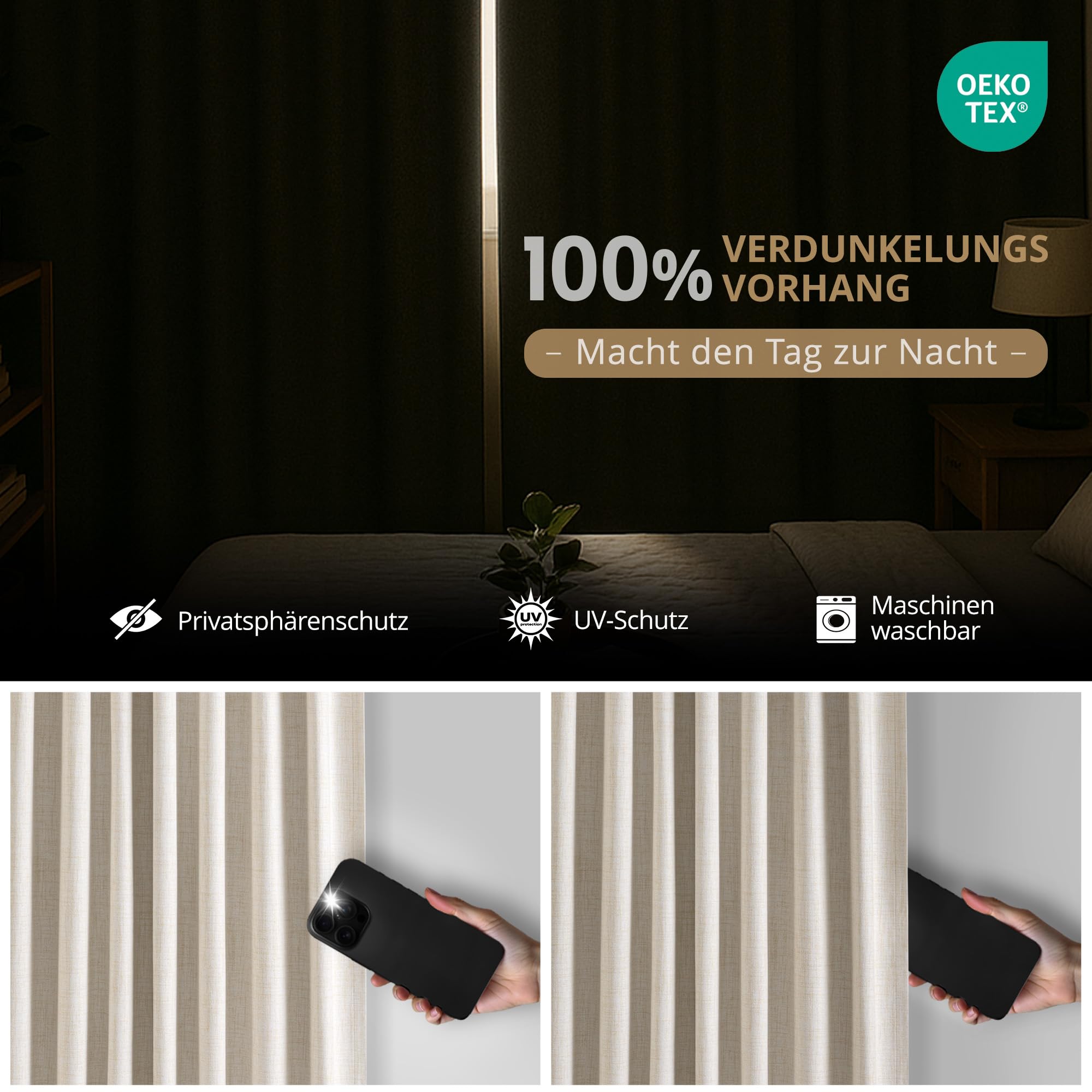 100% Verdunkelungsvorhänge mit verdeckten Schlaufen, Leinen-Optik, 2er-Set Blickdichte Vorhänge Stangendurchzug für Schlafzimmer oder Wohnzimmer – H245 x B140 cm, Creme