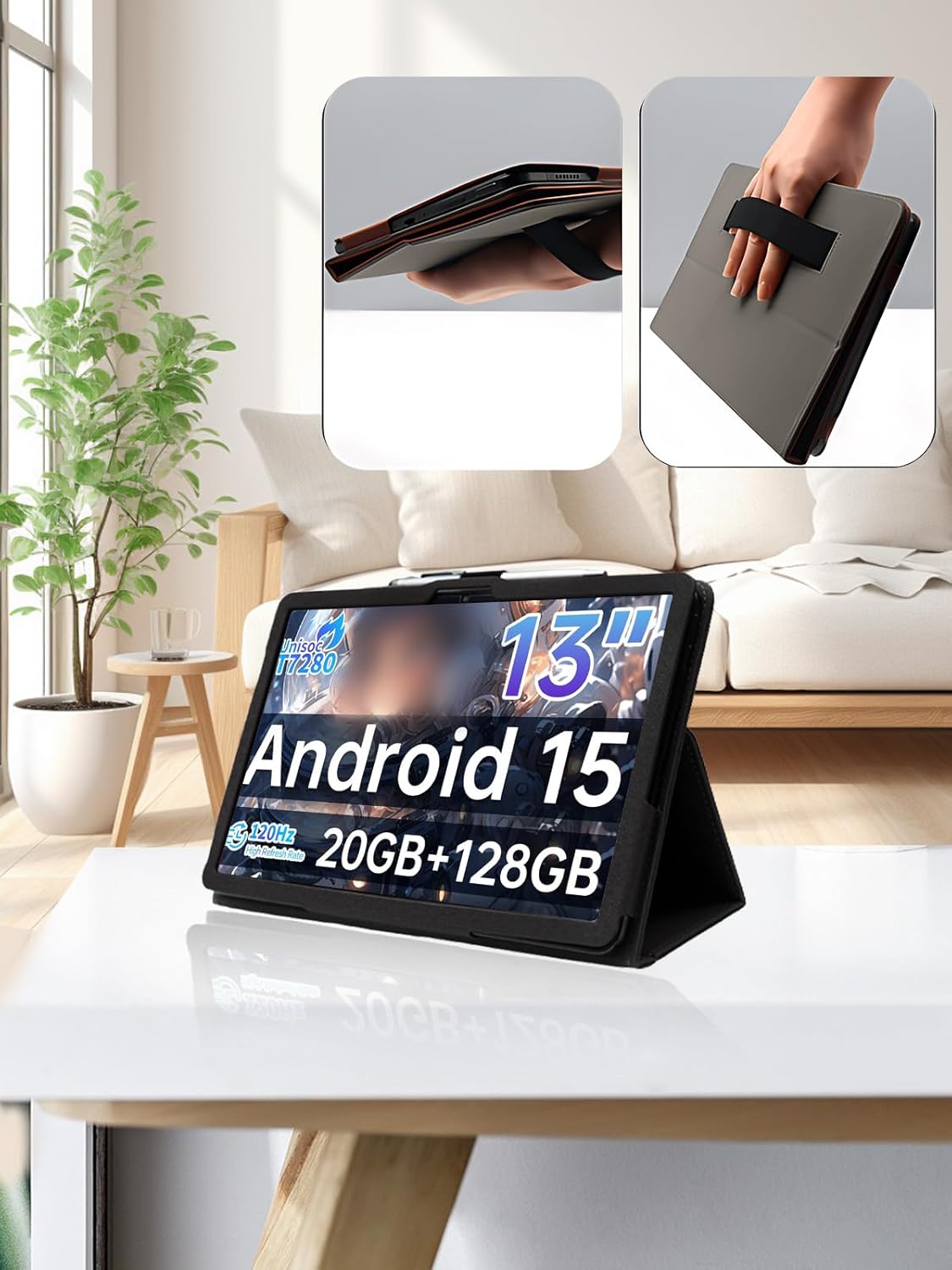 for TECLAST T65 13.4 Inch Android Tablet Case,BOVUGAC Folding Stand Protective Cover with Pencil Holder and Wrist Strap,Full Protection, Premium PU,Scratch Resistant(Black)