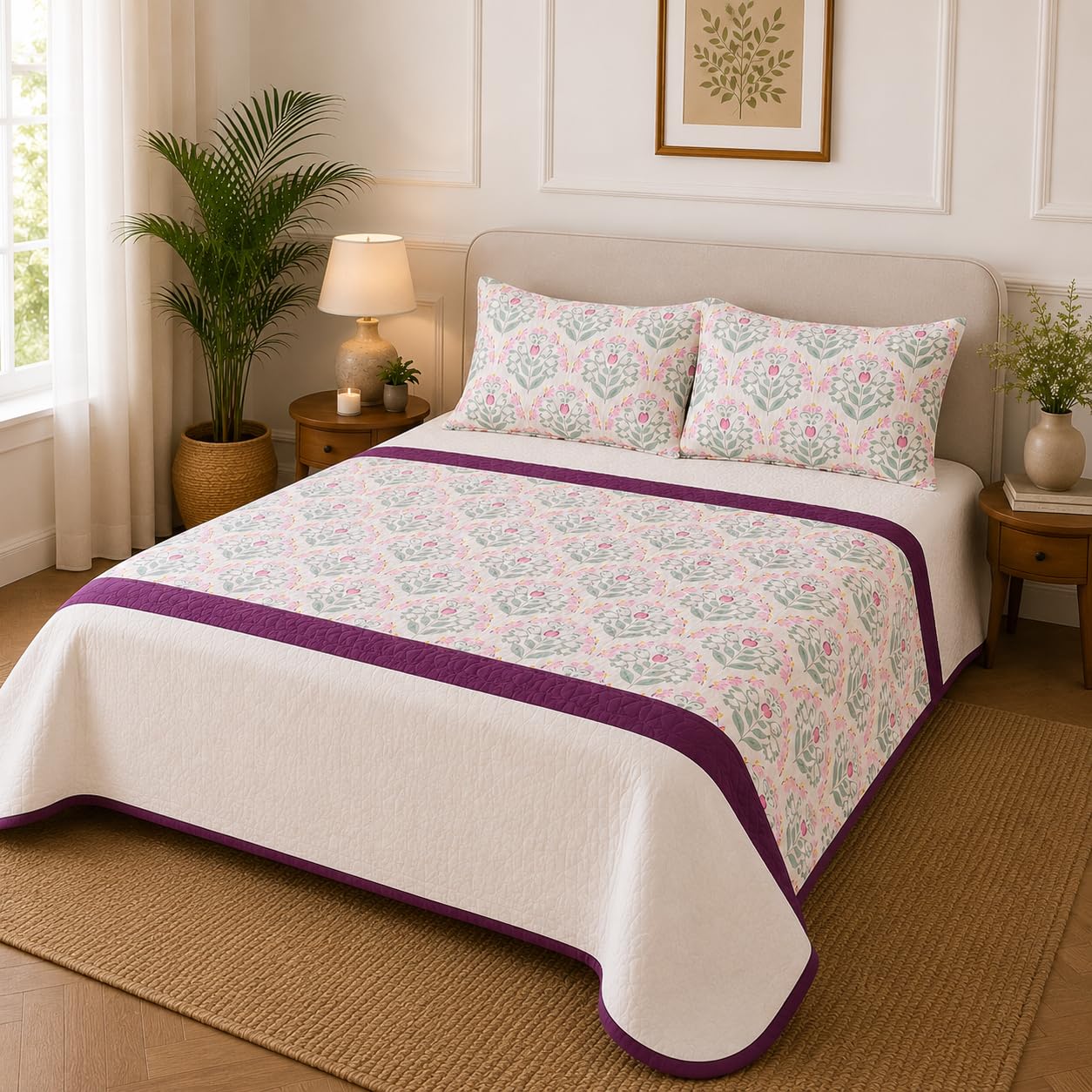 Linen Home Cotton Reversible 3PC Quilted Bedspread King Size Sequence Pink & Damson Berry, Horizonatlly Centered-image-19