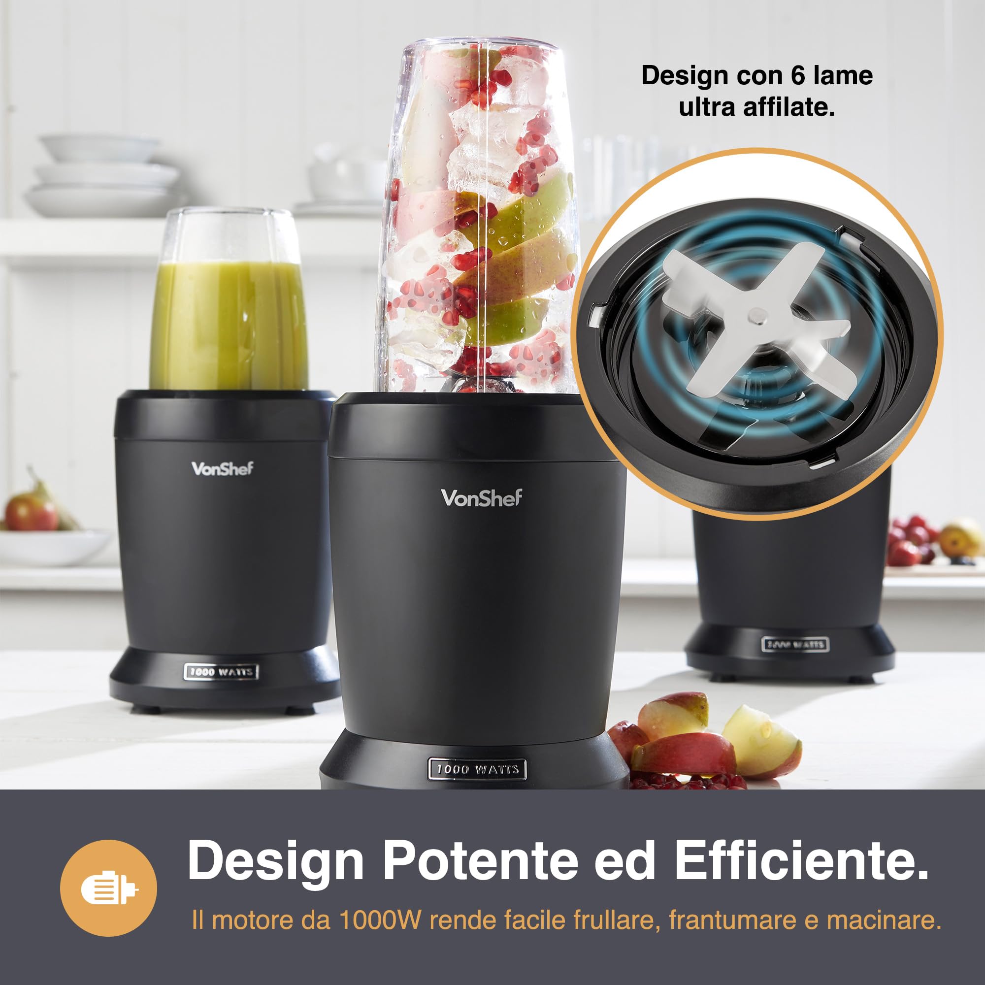 VonShef UltraBlend Frullatore Mixer 1000 W con 2 Tazze da 800ml e 500ml e 2 Coperchi per Prepare Bevande per Sportivi, Frullati Proteici e di Frutta - Parti Lavabili in Lavastoviglie