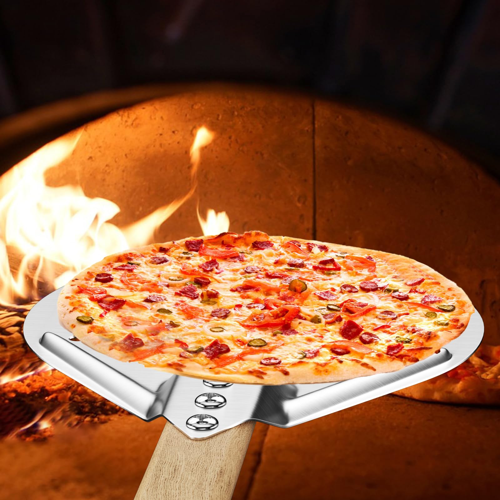 Pizzaschieber 7 Zoll Mit Holzgriff - Perforierte Aluminium-Schaufel Für Pizzaofen & Grill