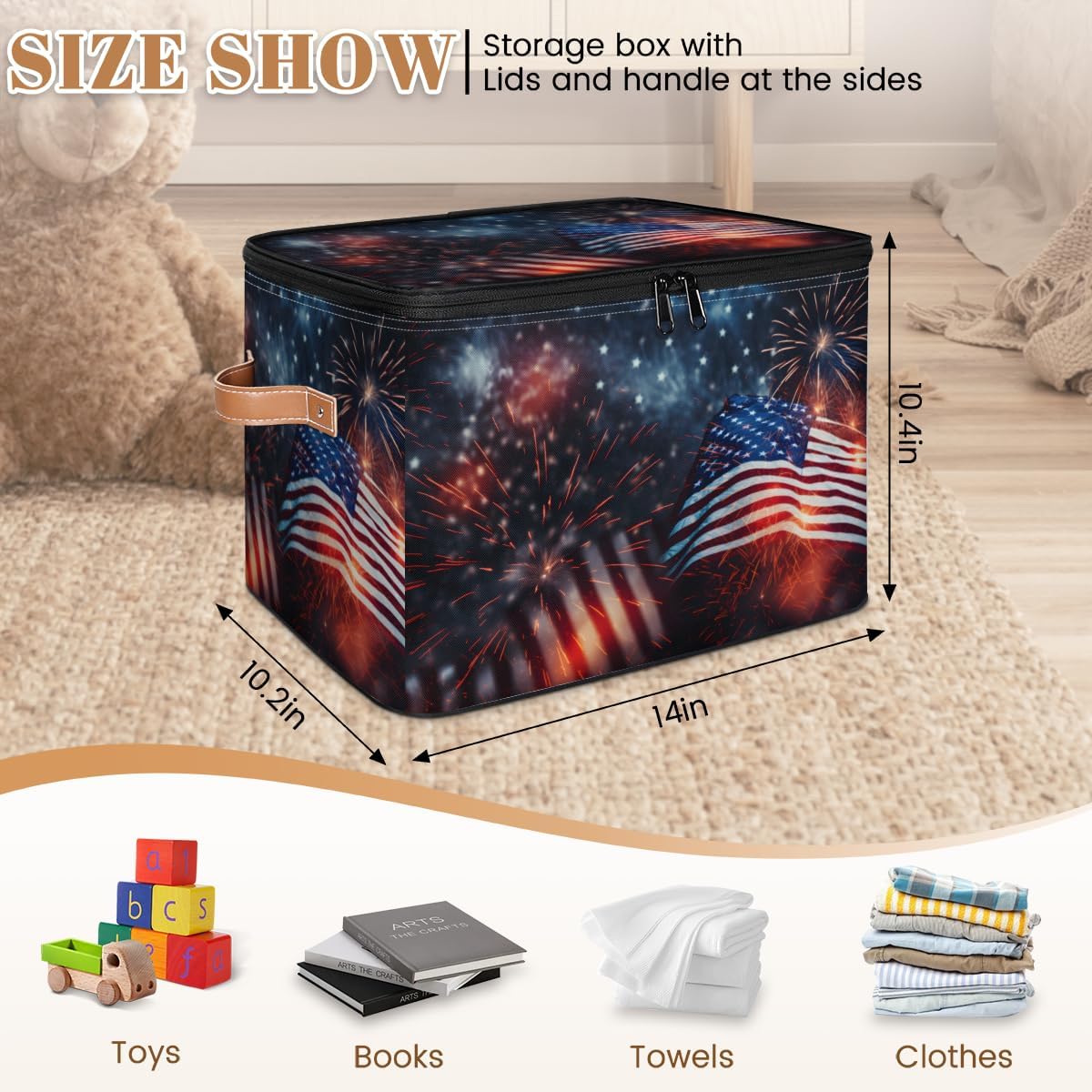 Storage Bin Set of 2 Independence Day Flag Storage Basket with Zipper Lid & Handle Foldable Closet Shelf 2 Pack Cloth Organizer Basket Cube Bins Clothes Organizer for Nursery, Bedroom