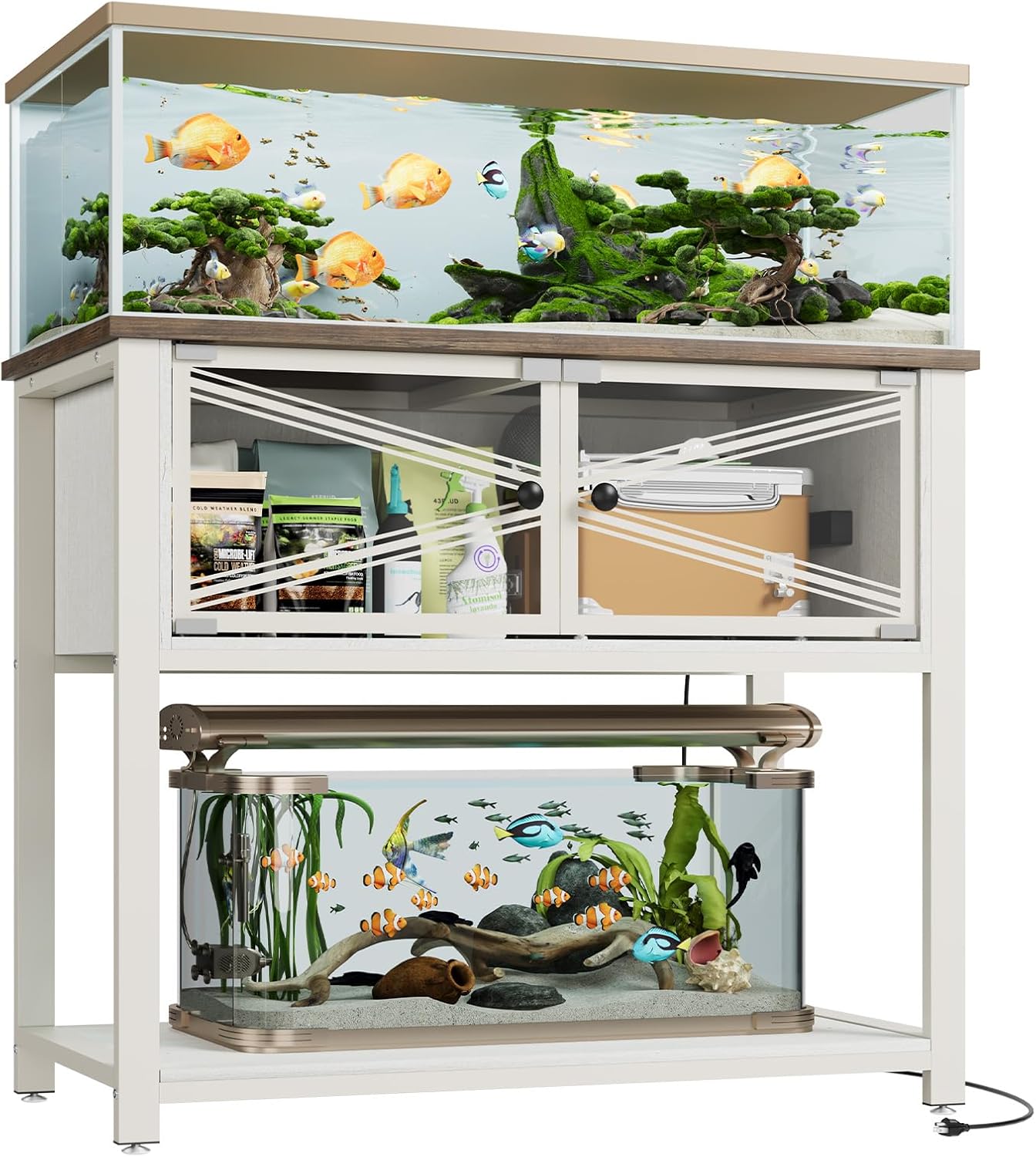 Rresyet 40-50 Gallon Aquarium Stand with Heavy Duty Metal Frame, Fish Tank Stand with Power Outlets, Two Glasses Door Storage Cabinet, Suitable for Turtle Tank, Reptile Tank, White+Brown