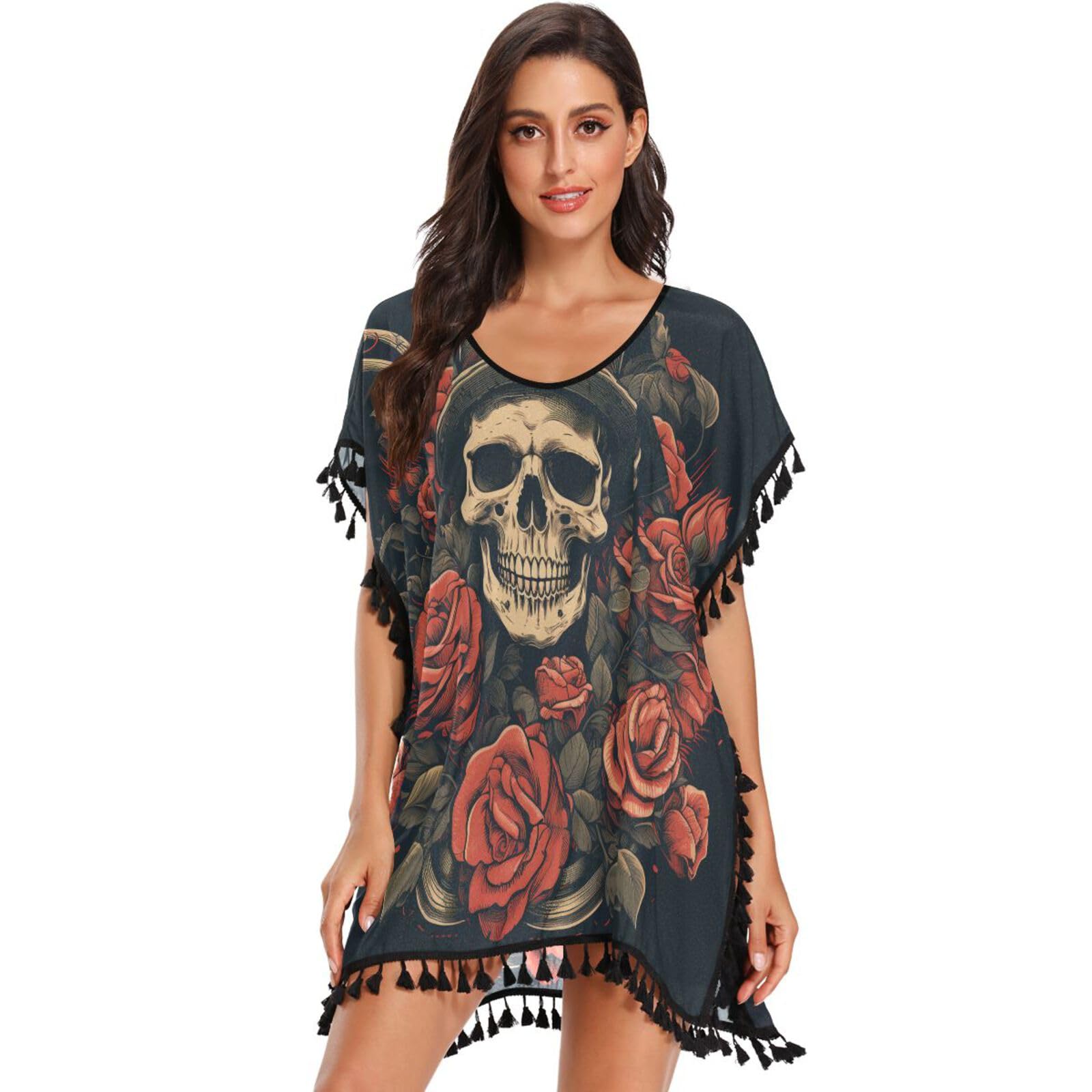 Black Skull Art Rose Women's Beach Cover Up Chiffon Tassel Swimwear Swimsuit Coverups for Girl