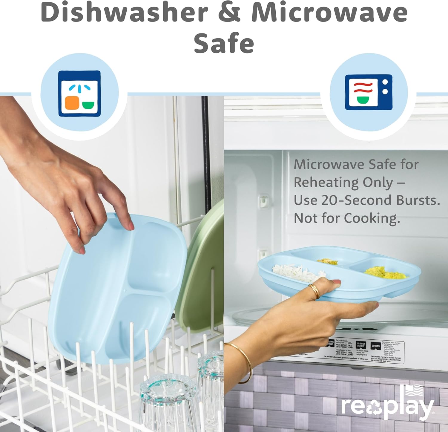 Re-Play Toddler Plates with Dividers - Deep-Walled 3 Compartments Divided Plates for Kids - Dishwasher & Microwave Safe - Made in USA - Set of 3-7.37" x 7.37" x 1.25" - Cool Blue - Image 7