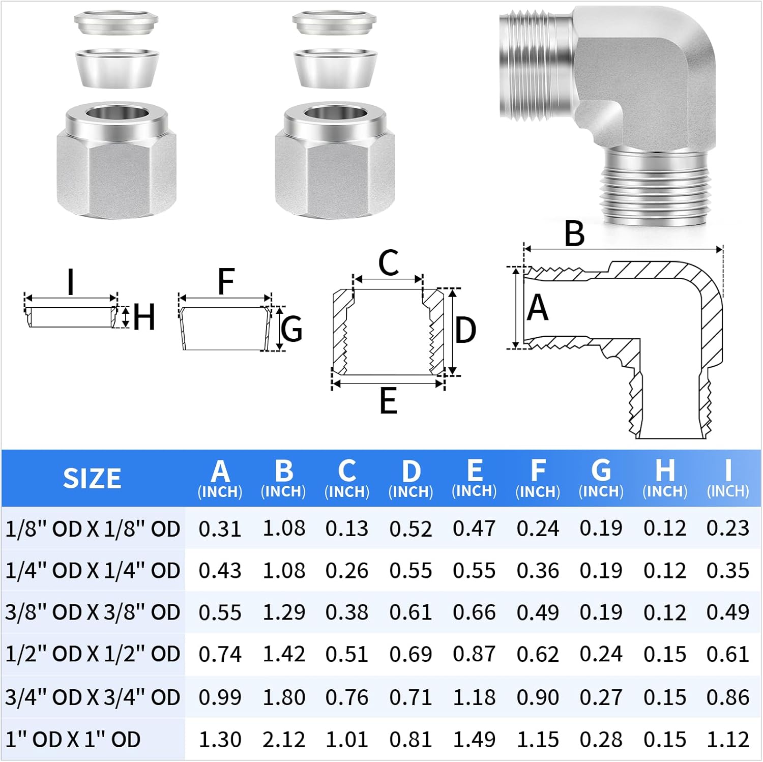 ChillWaves 304 Stainless Steel Compression Tube Fitting, 1/8" OD x 1/8" OD 90 Degree Elbow Compression Union Connector(2-PACK)
