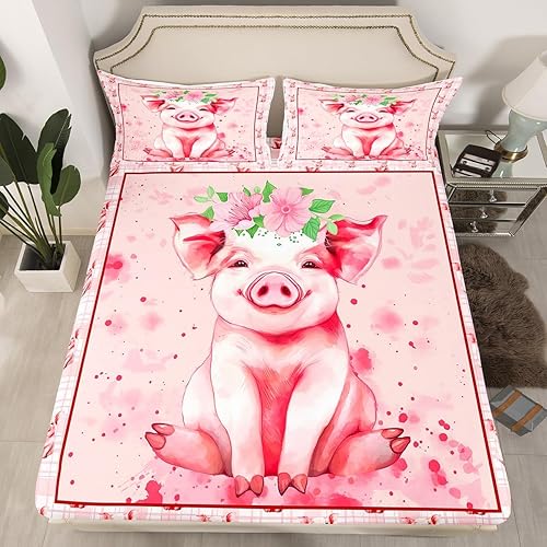 Miniatura 1 de Erosebridal Bonita sábana bajera ajustable de cerdo para niñas, diseño floral, diseño de cuadrícula rosa, a cuadros, juego de ropa de cama de