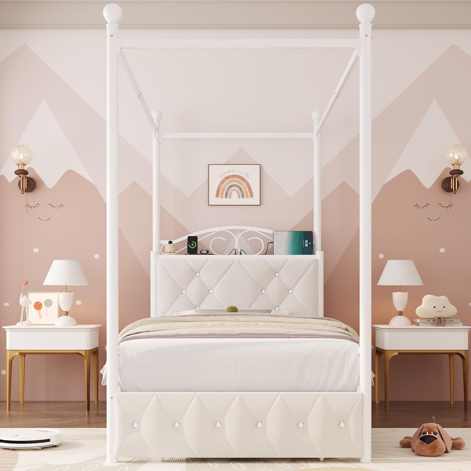 Keyluv Twin Upholstered Canopy Bed Frame with Drawer & Crystal Tufted Storage Headboard Metal Platform Bed with Charging Station & 4 Removable Posts No Box Spring Needed Curtain Not Included, Beige